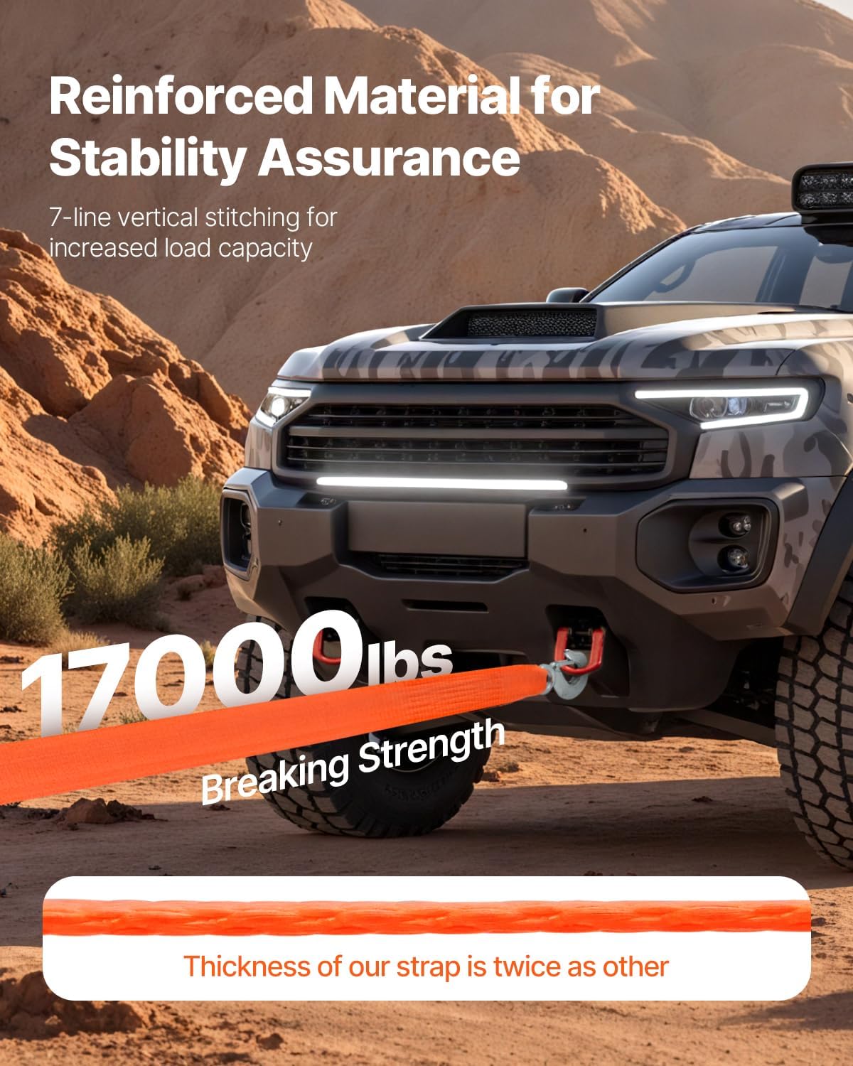 VEVOR ATV Tow Strap with Hooks, 2-inch x 20-Foot, 17000 lbs Capacity, Durable Recovery Rope with Security Hooks for Trucks and Vehicles, Essential Towing Accessory for Roadside Assistance