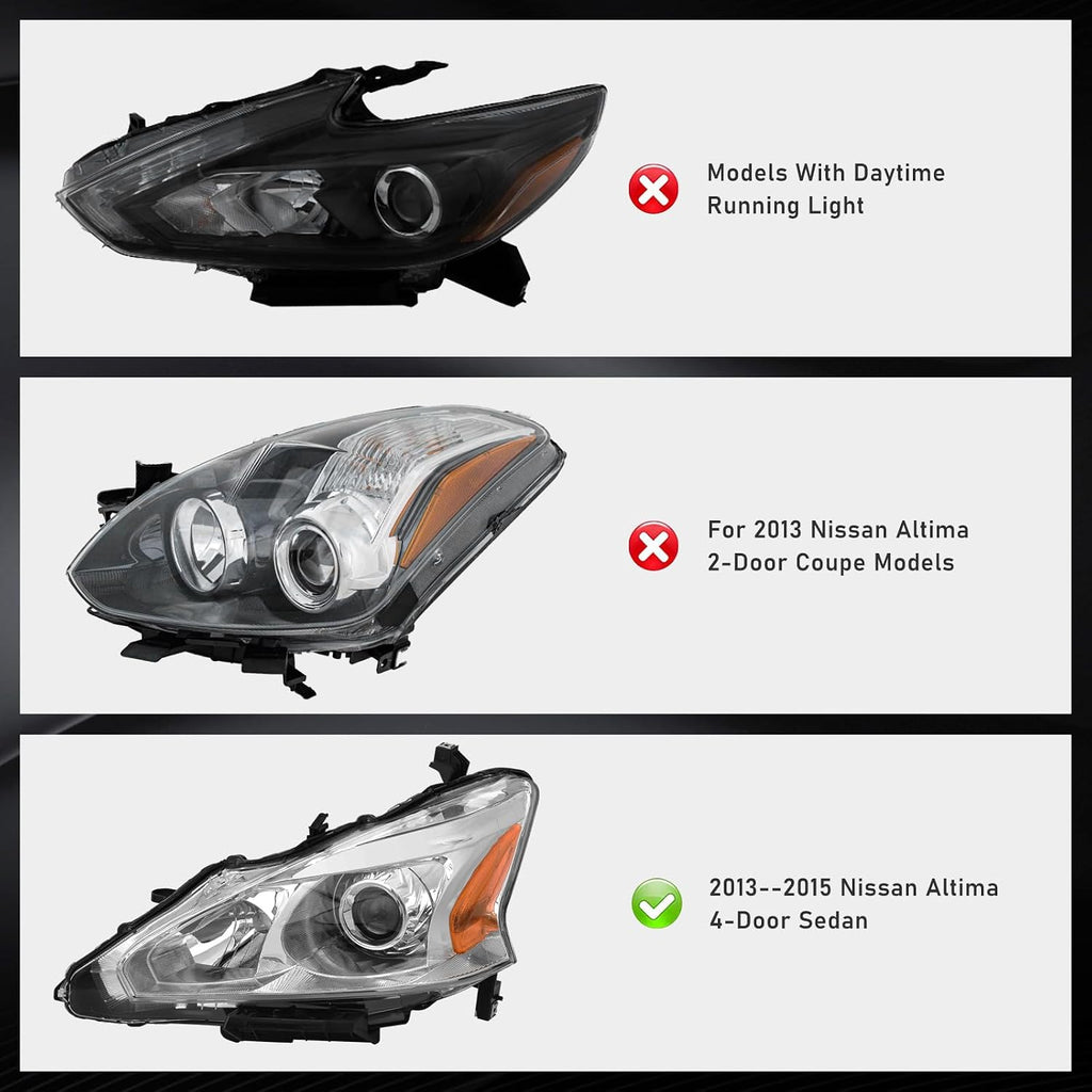 2013 2014 2015 Nissan Altima Headlight Assembly Only fit 4Door Clear Lens Chrome Housing with Amber Reflector Headlamp Replacement Left and Right Pair(Does Not Fit Xenon/HID)（W/O Bulbs）