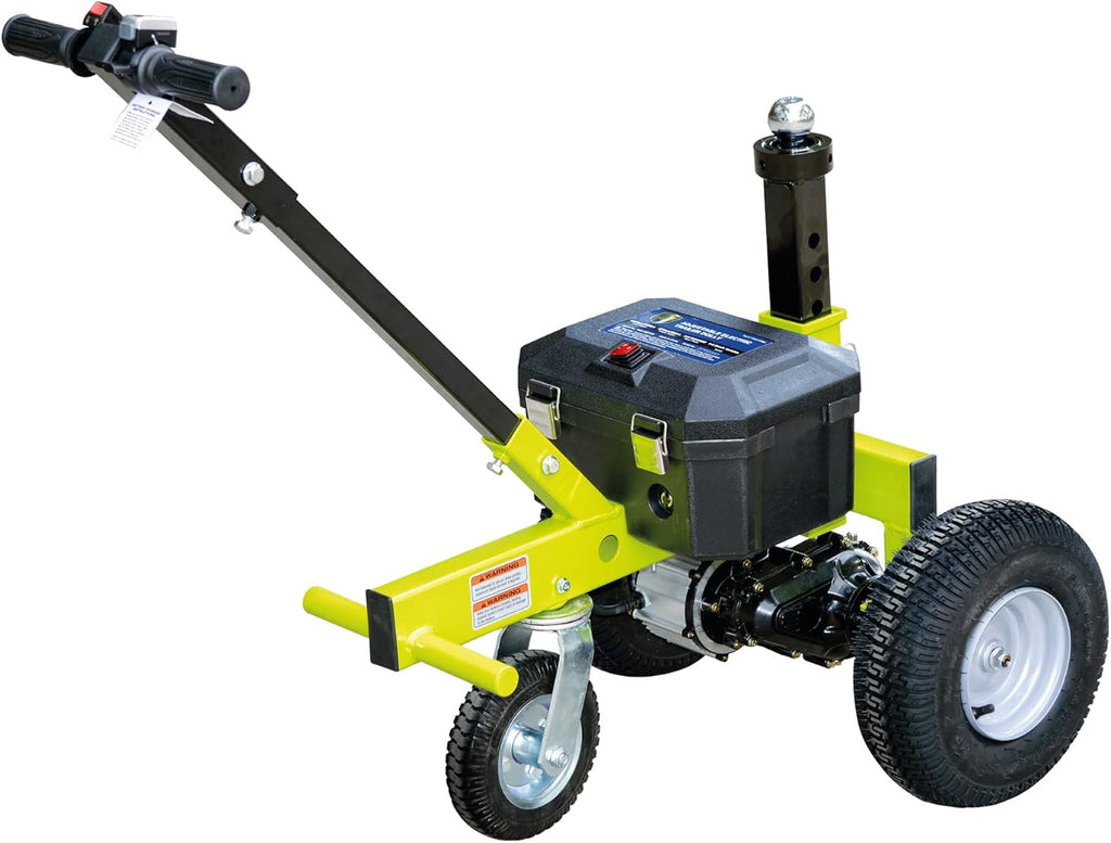 Tow Tuff Electric Trailer Dolly w/ 13" Tires & 8" Swivel Caster Wheel, 3500 lb Capacity, Green - 22" to 28.35" Adjustable Ball Height, 1.5 Mph Speed, Fits 2" Ball Mount, Utility, Boat or Cargo Use