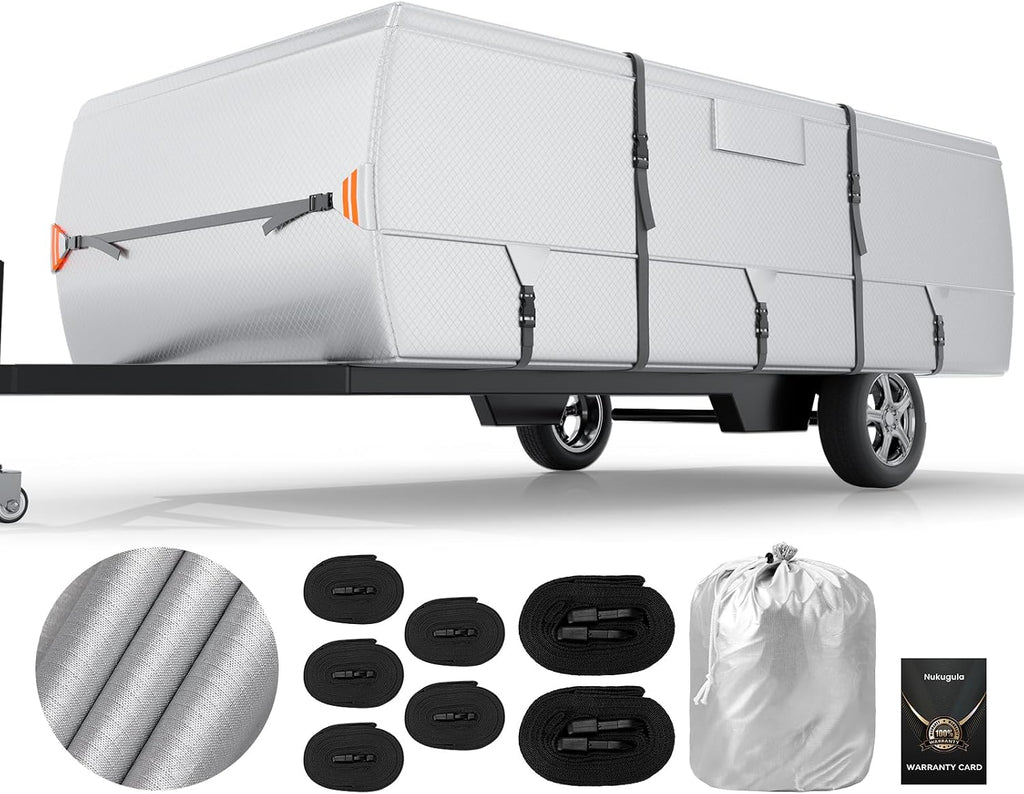 Oxford Fabric Pop Up Folding Camper Cover 14'-16' Super Waterproof Tear-Resistant Anti-UV Tent Trailer Cover for Winter Snow with Reinforced Corners, 5+2 Windproof Straps, Storage Bag