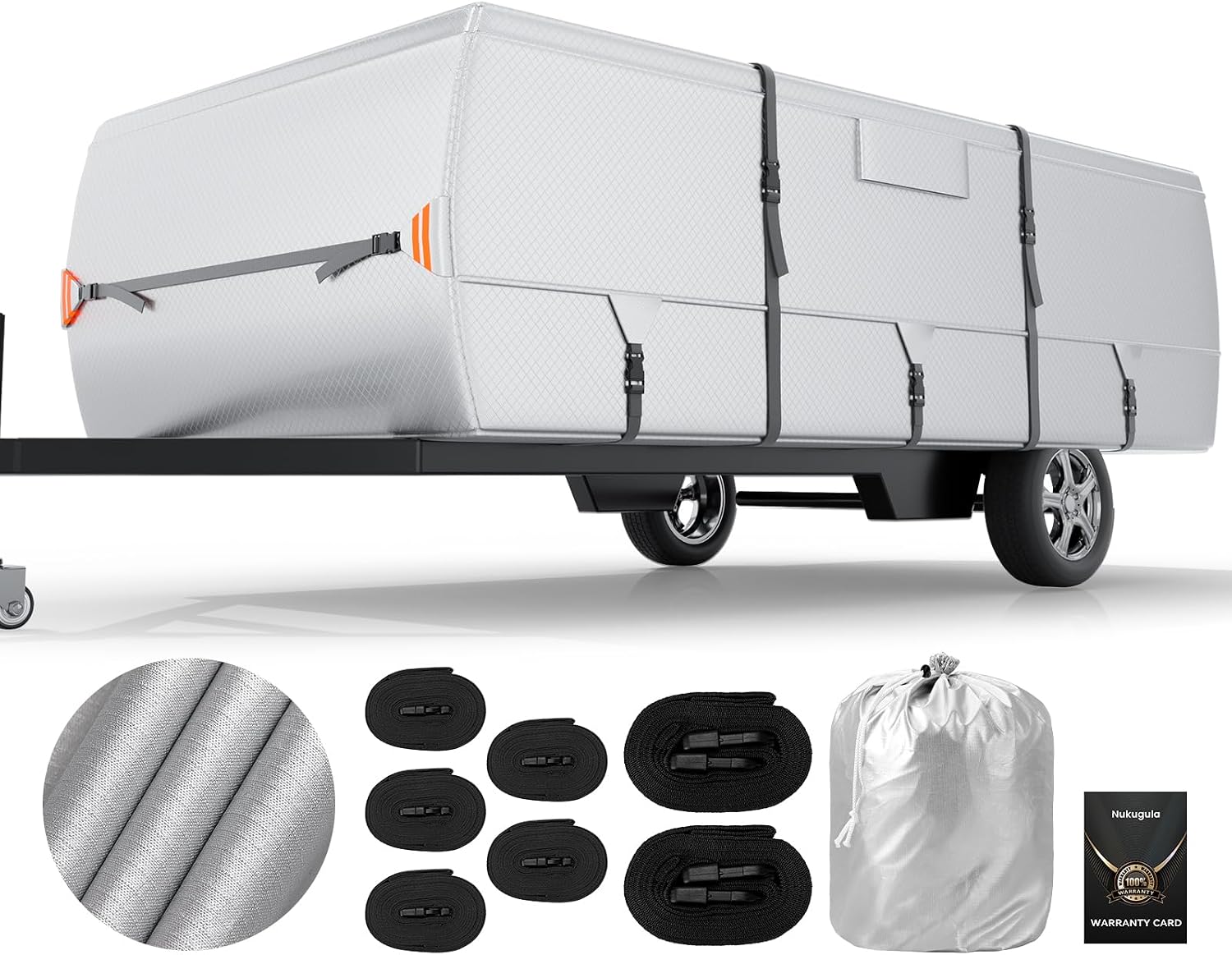 Oxford Fabric Pop Up Folding Camper Cover 14'-16' Super Waterproof Tear-Resistant Anti-UV Tent Trailer Cover for Winter Snow with Reinforced Corners, 5+2 Windproof Straps, Storage Bag