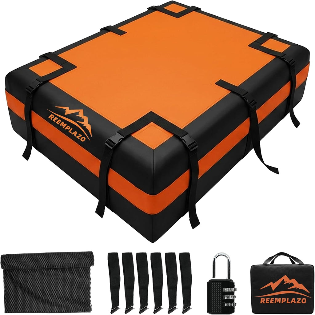 21 Cubic Feet Rooftop Cargo Carrier Bag, Waterproof Heavy Duty Car Roof Bag for SUV Pickup Truck with/Without Roof Racks, Travel Camping Roof Top Luggage Storage with Anti-Slip Mat (Black Orange)