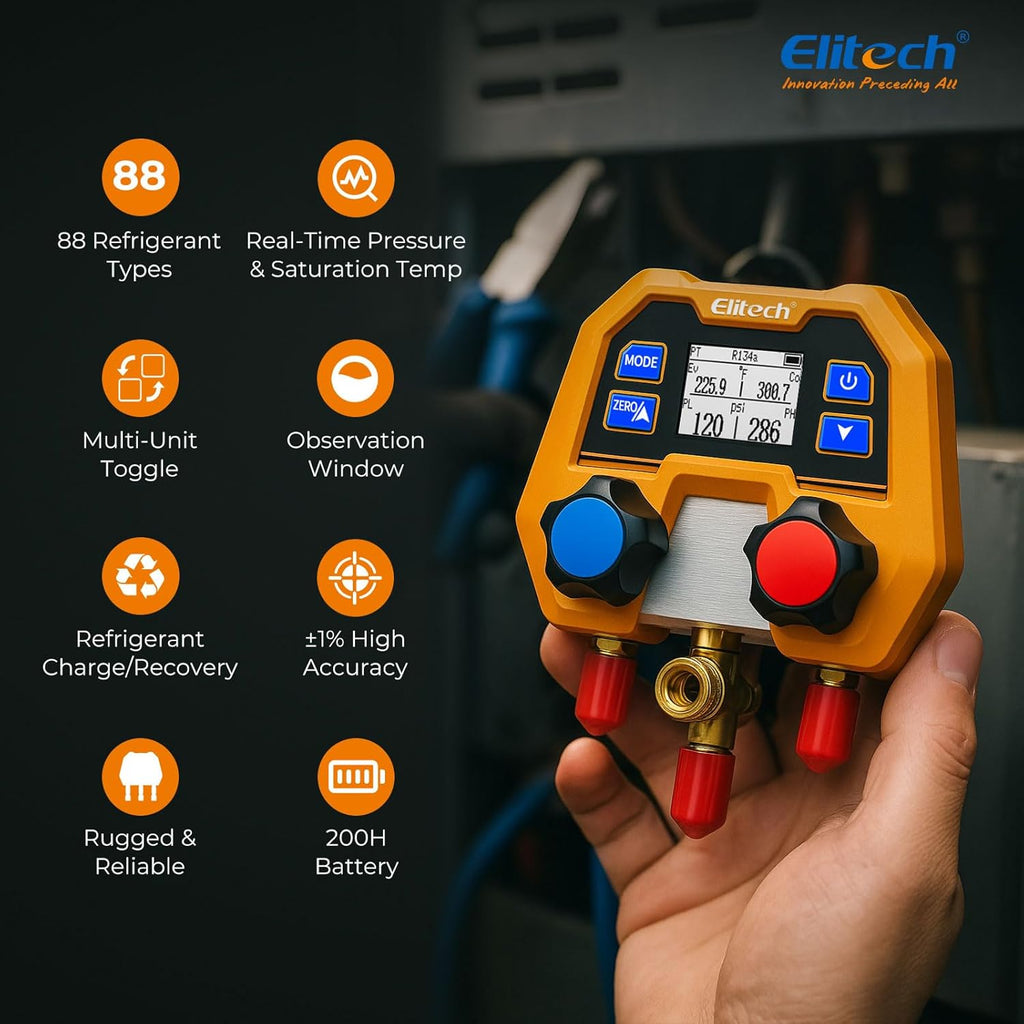 elitech hvac digital manifold gauge set dmg-2se with shown in use
