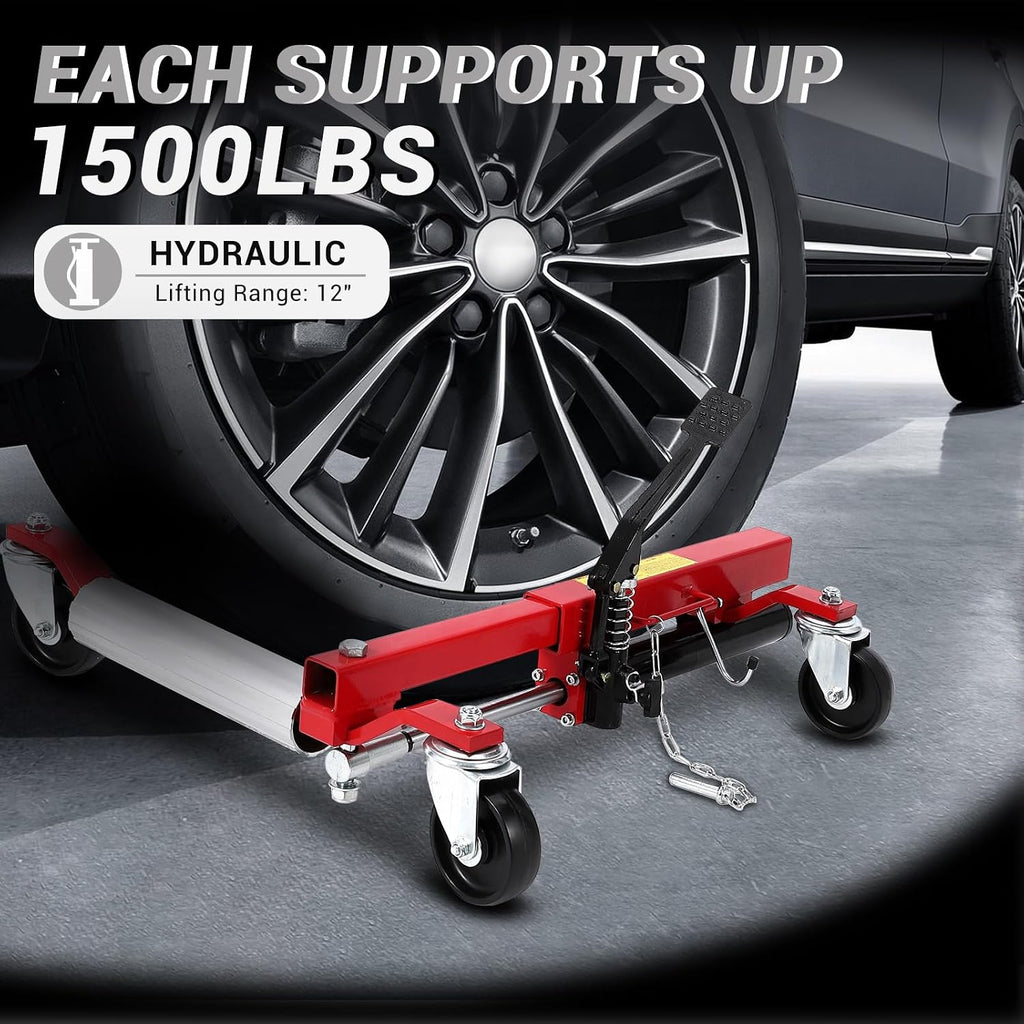 Hydraulic Car Wheel Dolly 1500LBS Set of 2, Heavy Duty Steel Rollers with Ratcheting Foot Pedal, Vehicle Positioning Tire Dolly for Auto Repair and Moving Cars Trucks RVs, Red
