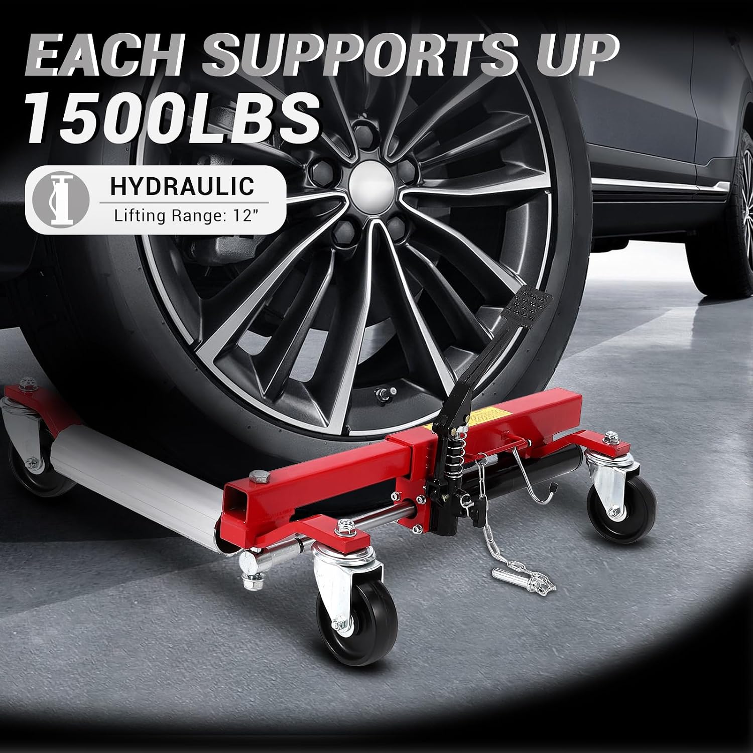 Hydraulic Car Wheel Dolly 1500LBS Set of 2, Heavy Duty Steel Rollers with Ratcheting Foot Pedal, Vehicle Positioning Tire Dolly for Auto Repair and Moving Cars Trucks RVs, Red