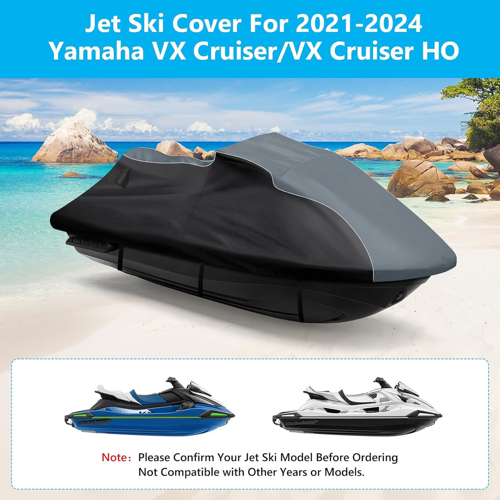 Waterproof Jet Ski Cover for Yamaha VX Cruiser/VX Cruiser HO 2021-2024, 600D Trailerable Jet Ski Cover with 2 Air Vents, Heavy Duty Oxford All Weather Waverunner Cover