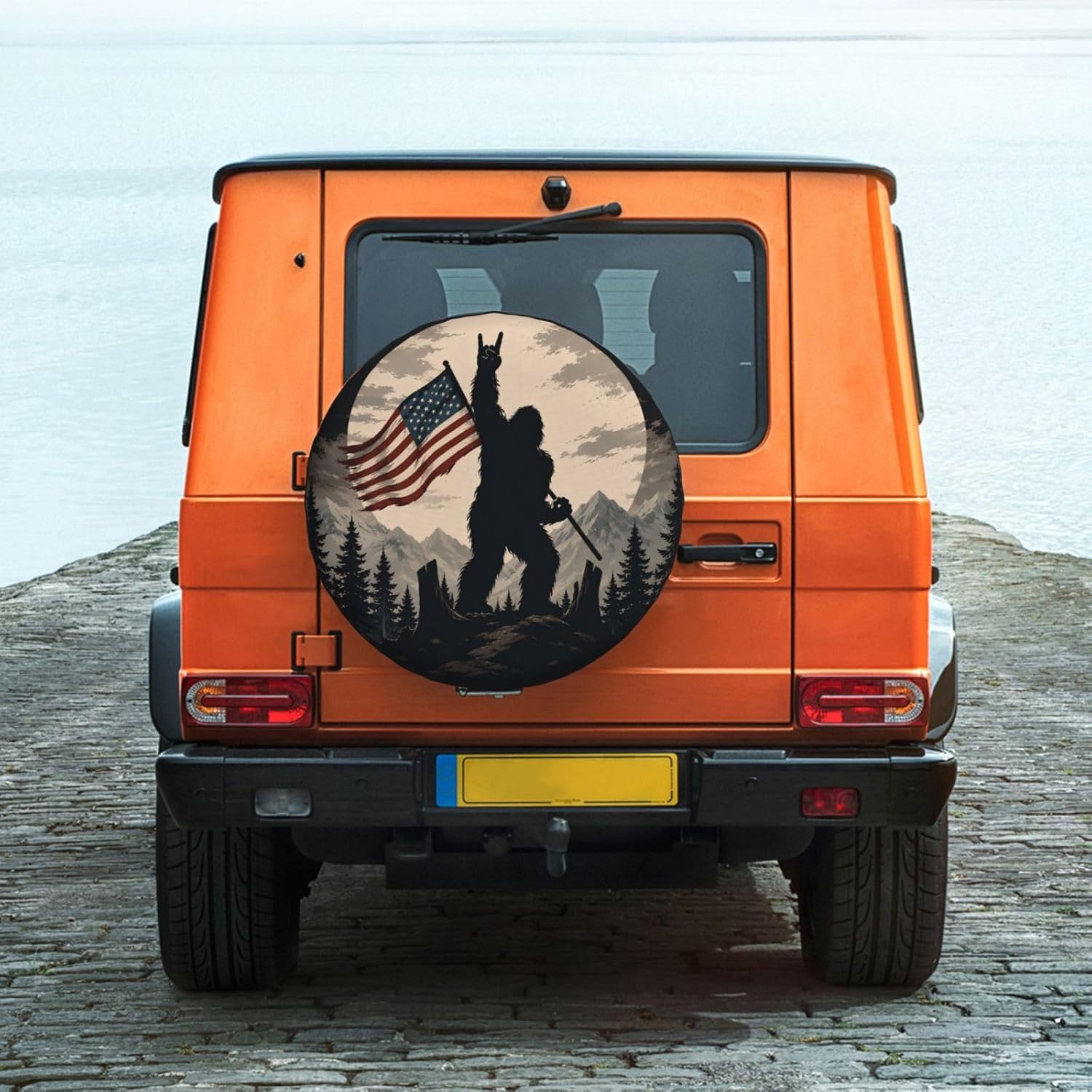 Patriotic Bigfoot Spare Tire Cover for RV Camper SUV Truck, Waterproof Polyester Tire Wheel Cover, Universal Fit Outdoor Spare Wheel Protector with 15in