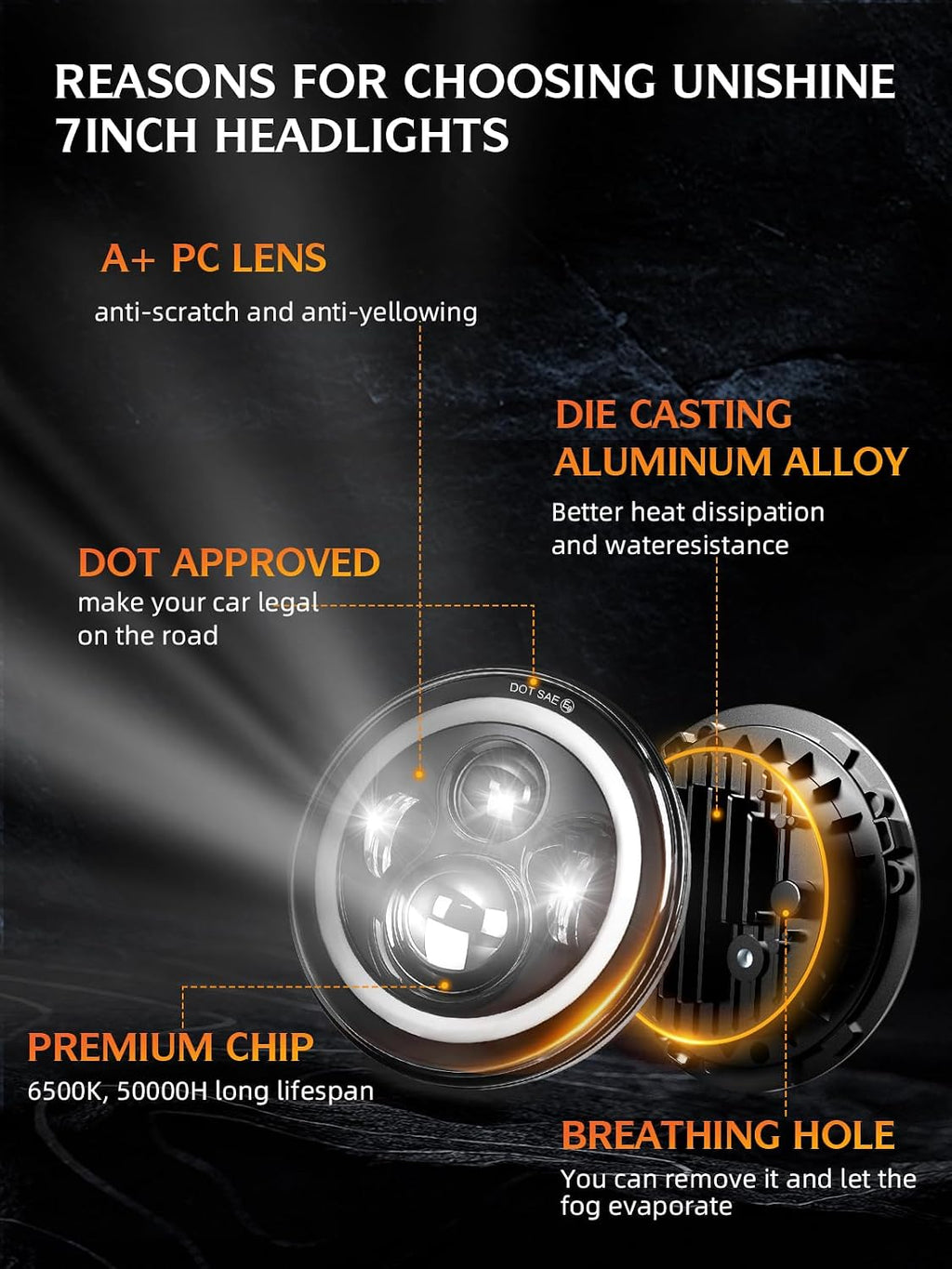 UNI-SHINE Black 2pcs 7 inch Led Headlight Round DOT Approved H6024 Led Headlight DRL Turn Signal Compatible with Jeep Wrangler JK TJ CJ & Miata & Chevy S3 & Hummer H1 H2