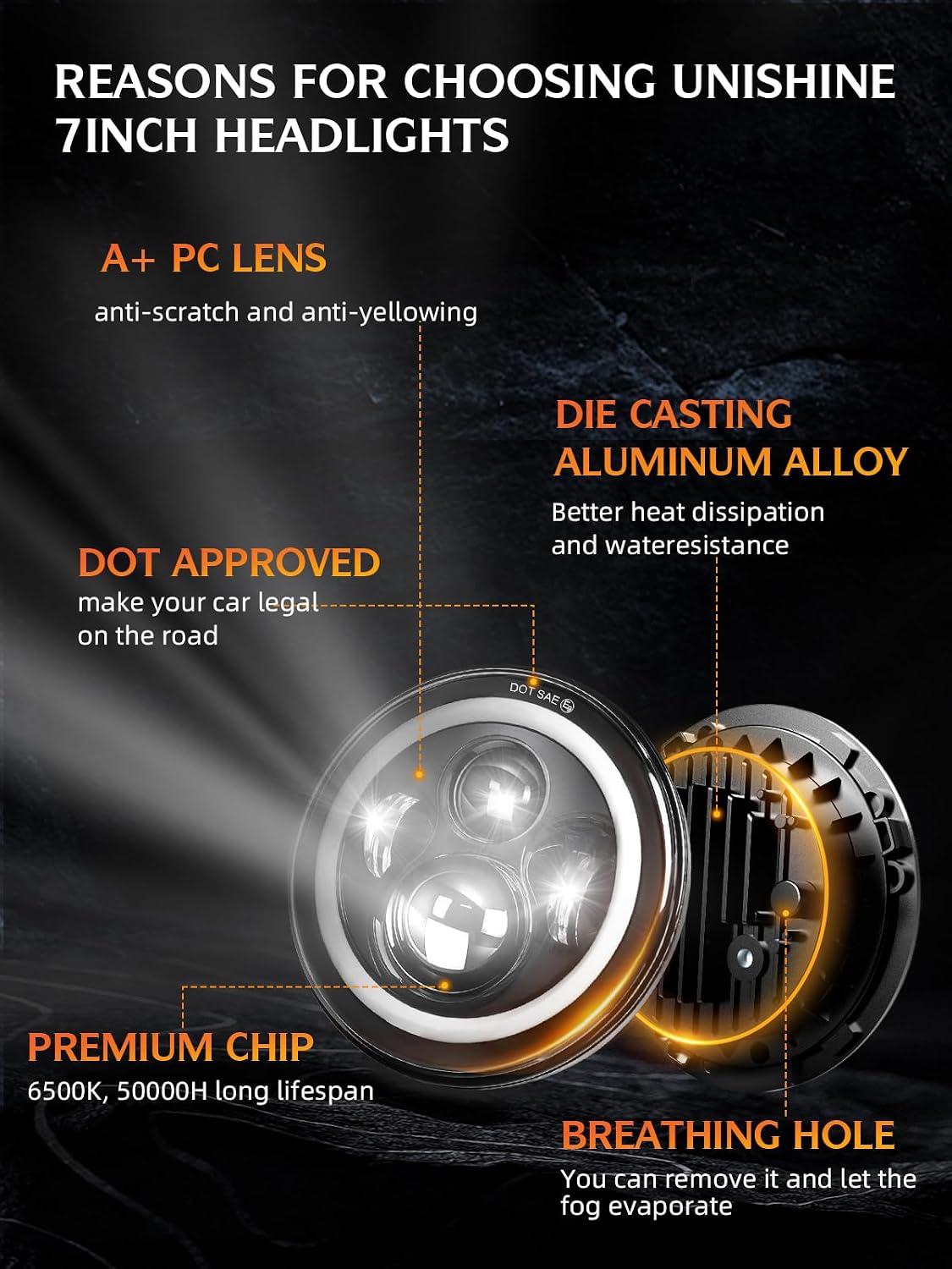 UNI-SHINE Black 2pcs 7 inch Led Headlight Round DOT Approved H6024 Led Headlight DRL Turn Signal Compatible with Jeep Wrangler JK TJ CJ & Miata & Chevy S3 & Hummer H1 H2