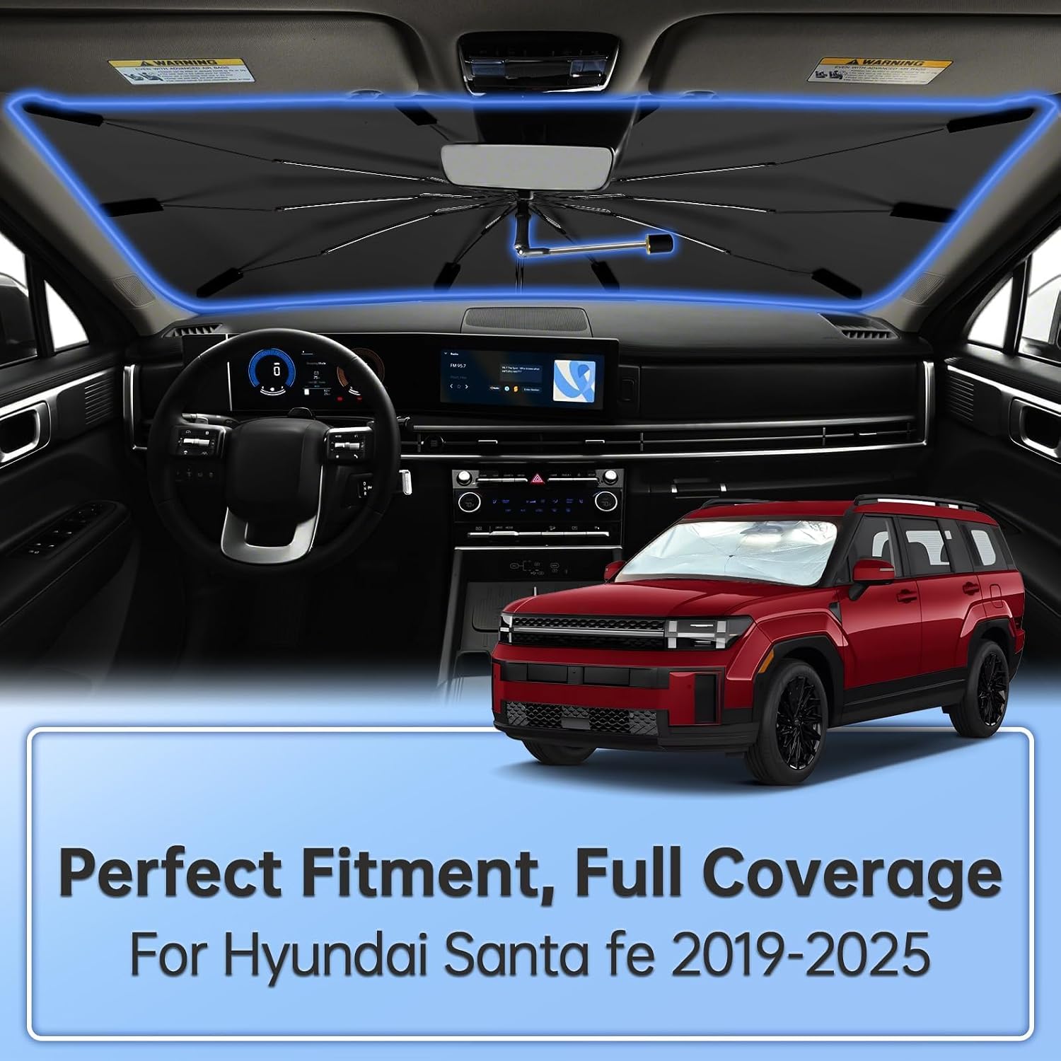 Windshield Sun Shade Umbrella for Hyundai Santa fe 2019-2025, Foldable Car Sunshade for Front Window, Highly Reflective Auto Sun Shield Visor for UV Protection, Keep Car Cool Accessories