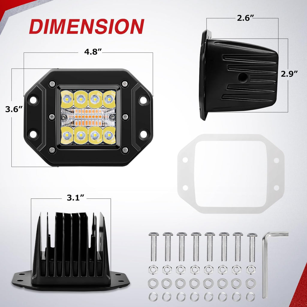 Nilight Flush Mount LED Light Pods 2PCS 42W Amber White 3 Lighting Modes Fog Lights Spot Flood Combo Beam with Dual Control 18AWG Wiring Harness for Truck Pickup Golf Cart UTV ATV SUV Boat 4x4 Car