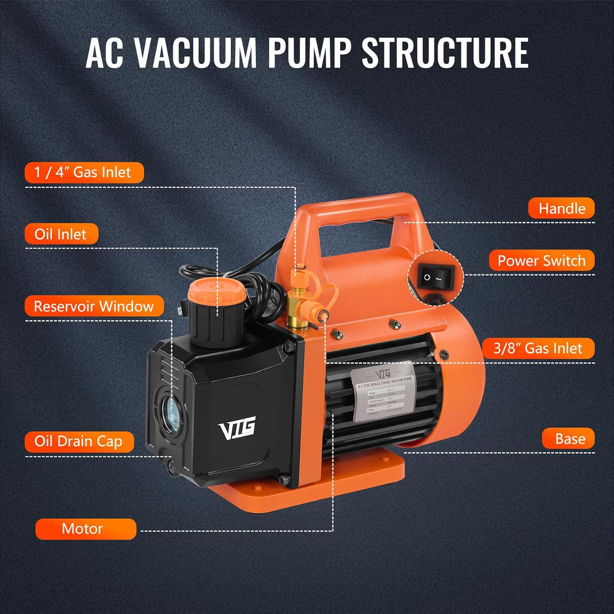 vtg vogten 4.5 cfm ac vacuum pump and, close-up detail