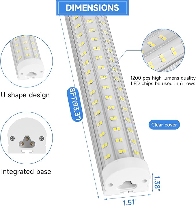 8FT U Shape 125W Integrated Tube Bright LED Light, 6500K Clear White, 20000LM - Image 4