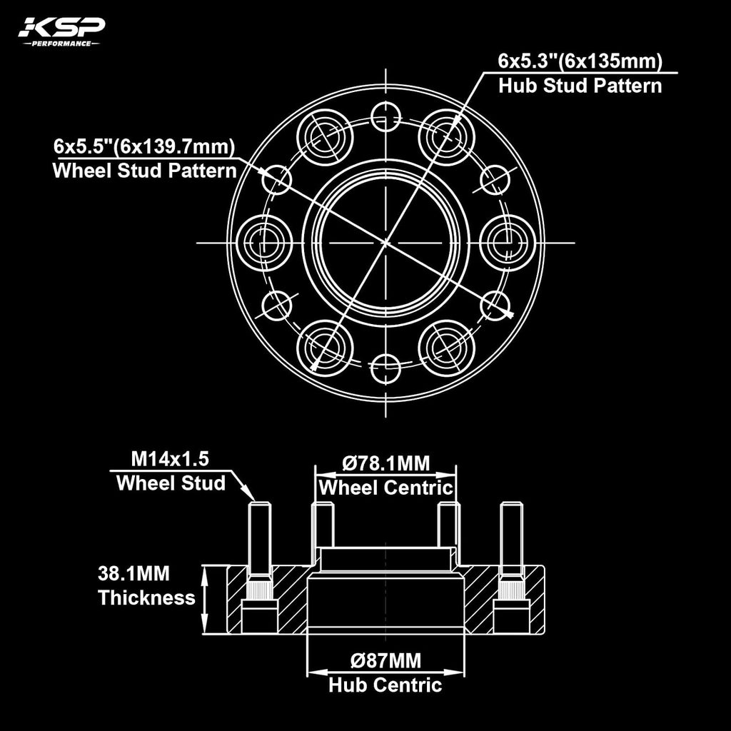 KSP 6X135 to 6x5.5 Conversion Spacer, Change Bolt Pattern Wheel Adapter fit Silverado Ram Wheel Install on F150 Vehicle with 87.1mm Hub Bore, Front and back are widen by 3in (each 1.5")14x1.5 Stud