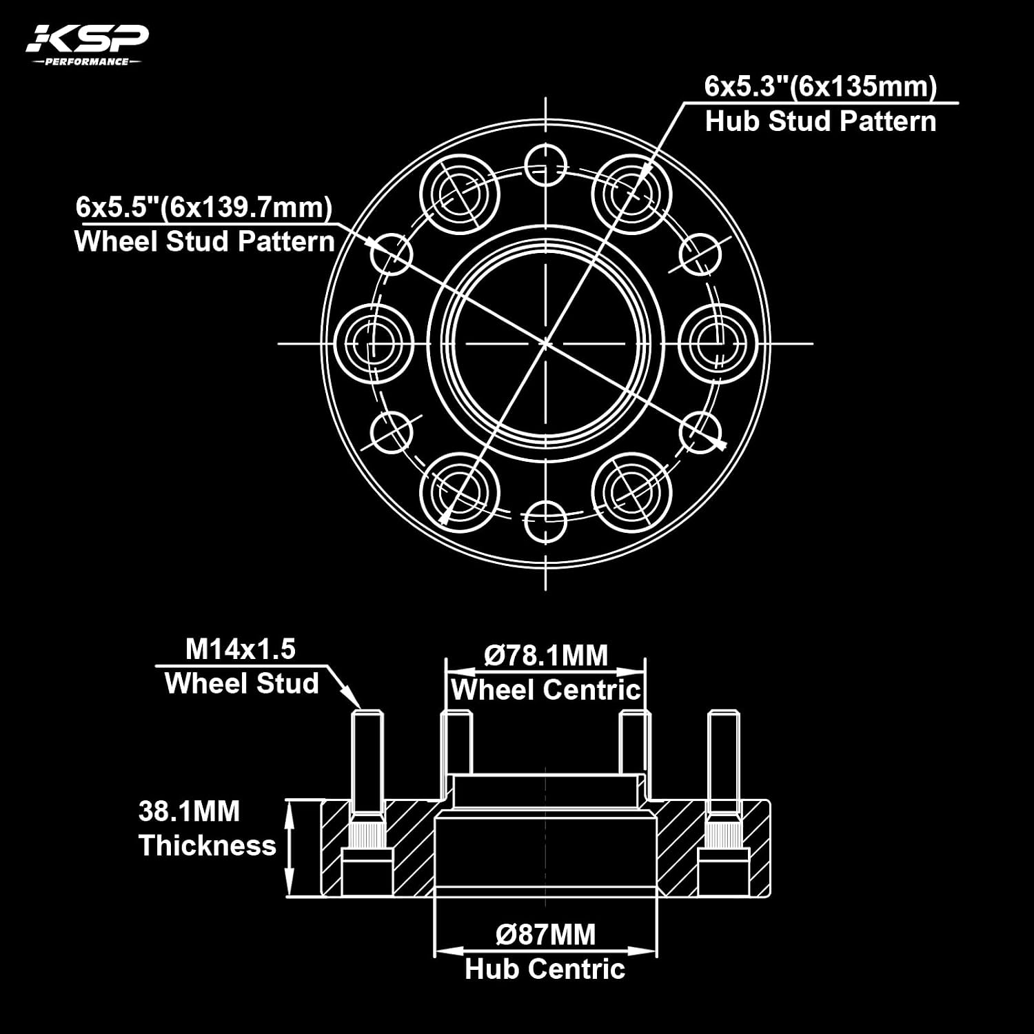 KSP 6X135 to 6x5.5 Conversion Spacer, Change Bolt Pattern Wheel Adapter fit Silverado Ram Wheel Install on F150 Vehicle with 87.1mm Hub Bore, Front and back are widen by 3in (each 1.5")14x1.5 Stud