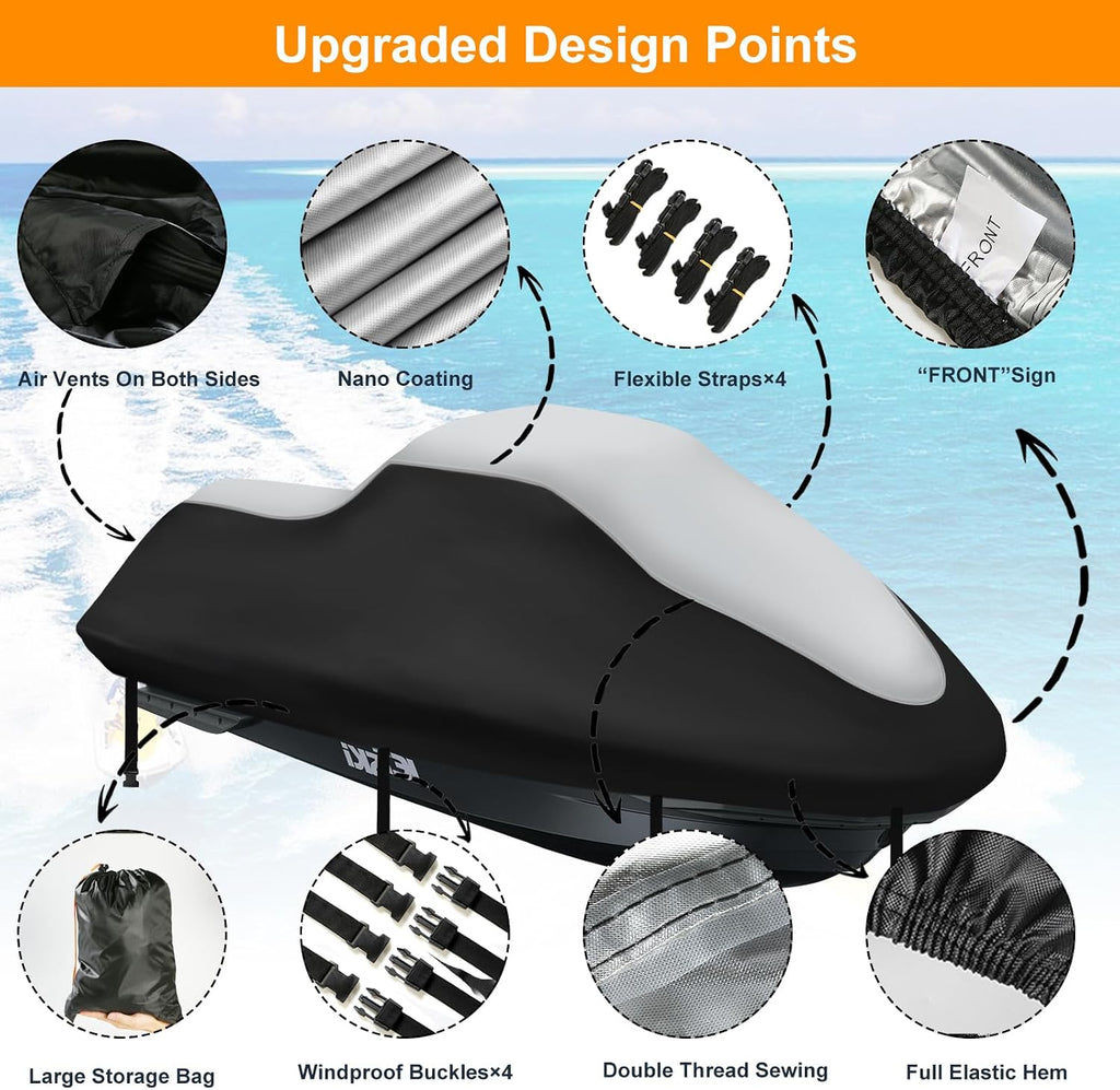 Jet Ski Cover 3 Seater,Upgraded 420D Heavy Duty Waterproof Waverunner Cover,2 Air Vent Marine Grade UV Resistant for Waverunner Polaris from 116" to 125"(Silver Black)