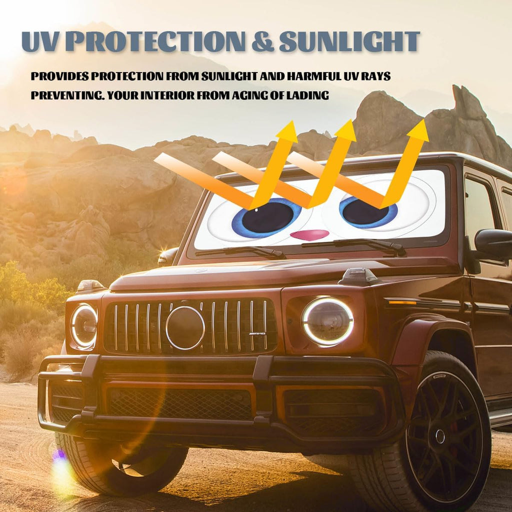 Cute Eyes Car Windshield Sun Shade - Funny Cartoon Rabbit Eye Heatshield Blocks UV Rays Sun Visor Protector for Sedan, Truck, SUV - 59" L x 31.5" W