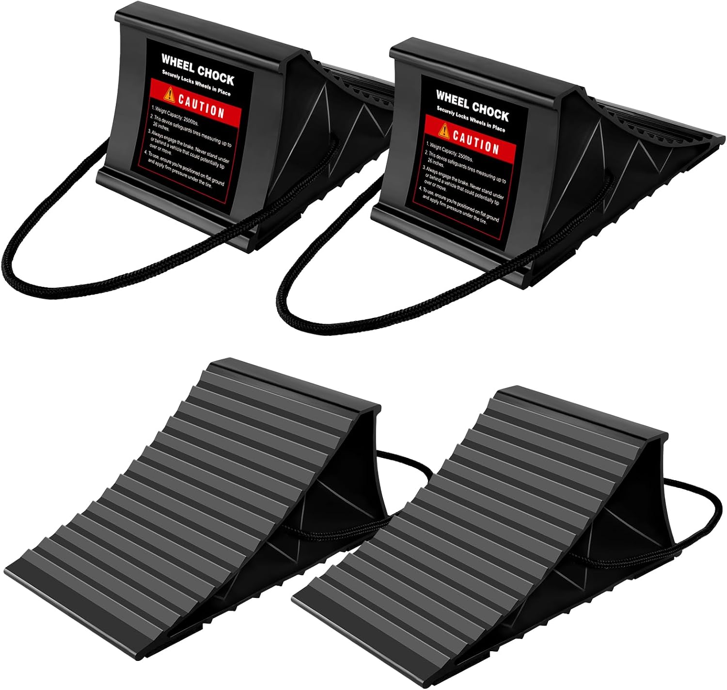 Wheel Chocks for RV Trailer, 4 Pack Non Slip Wheel Chocks for Travel Trailers with Rope for Easy Removal, Lightweight Plastic Wheel Stoppers Block for Camper Cars Trucks
