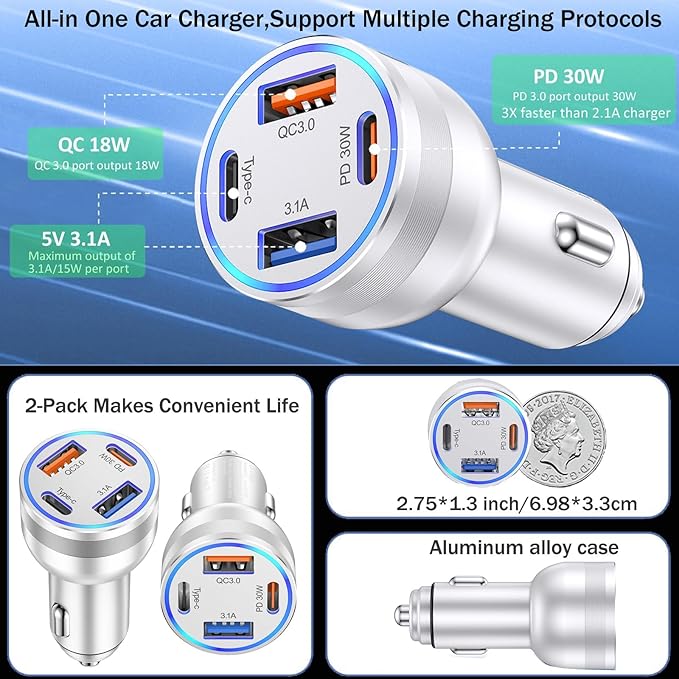 Car Charger USB C, 4 in 1 65W Fast Charging 4-Port Dual USBC & USB A Car Phone - Image 5