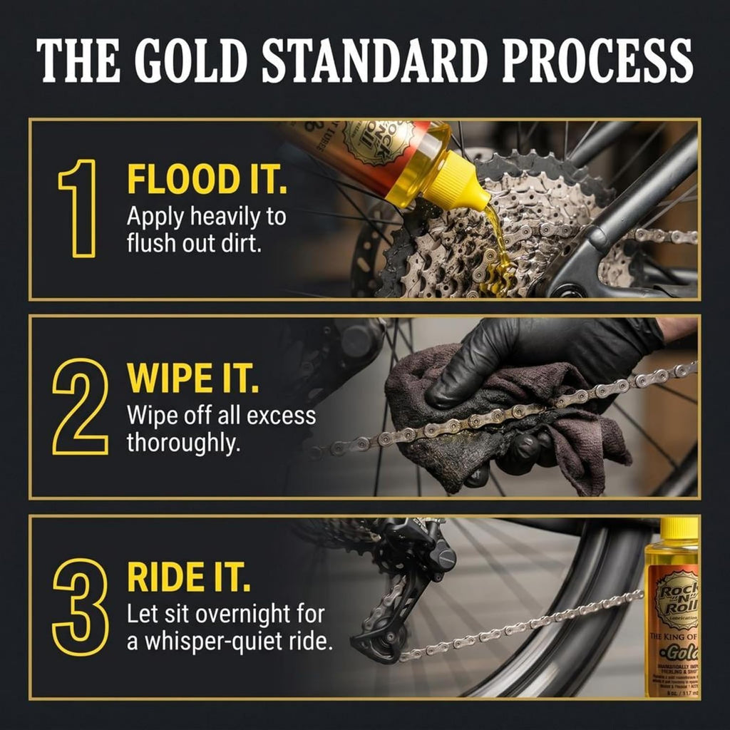 rock n roll bike lubricant application kit, gold, package contents