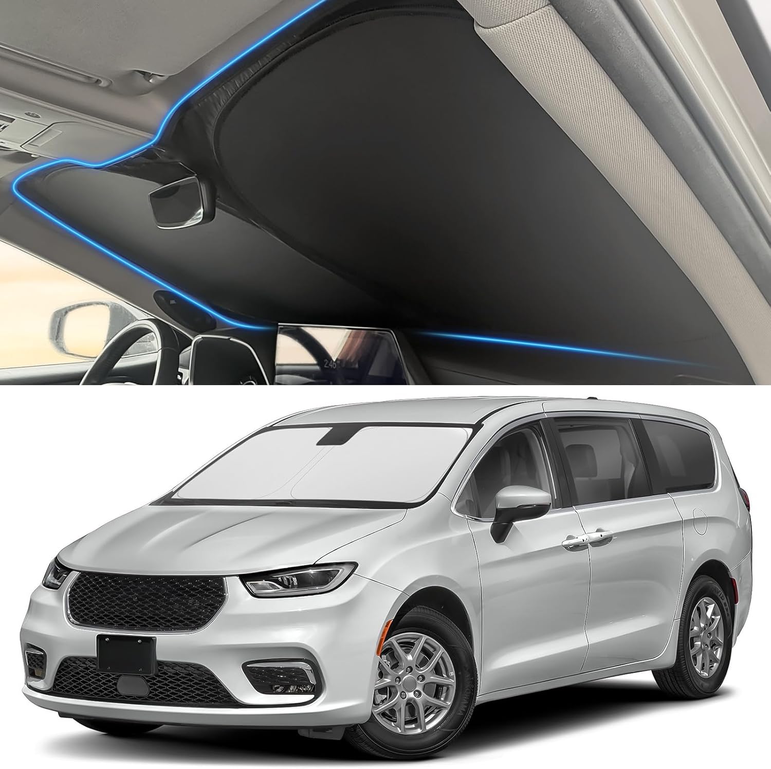 Windshield Sun Shade for Chrysler 2017-2025 2026 Pacifica Accessories (OEM Size) Auto Interior Front Window Sun Visor Heat Protection
