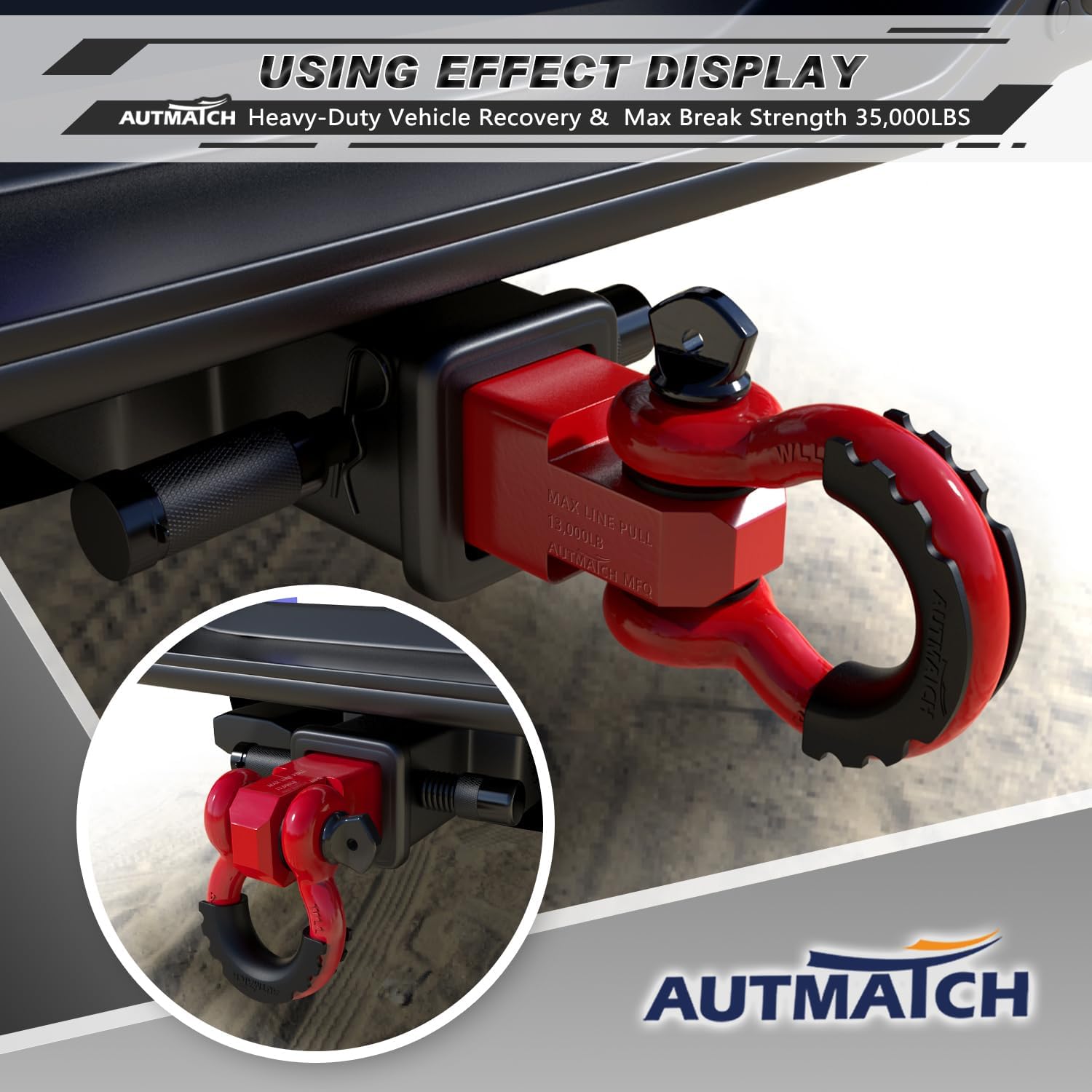 AUTMATCH Shackle Hitch Receiver 2 Inch - 3/4" D Ring Shackle and 5/8" Trailer Hitch Lock Pin, 45,000 Lbs Break Strength Heavy Duty Receiver Towing Kit for Off-Road Vehicle Recovery, Red