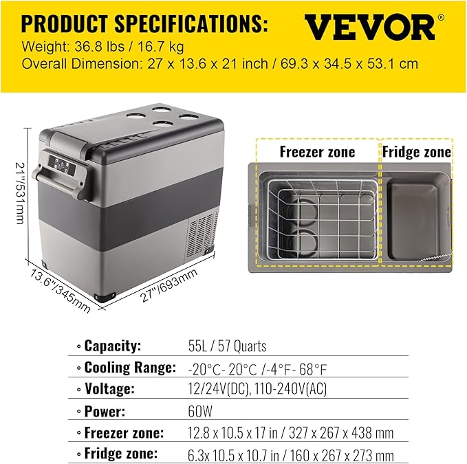 VEVOR CF55 12 Volt 58 Qt Refrigerator, Dual Zone Portable Compressor 12/24V DC - Image 7