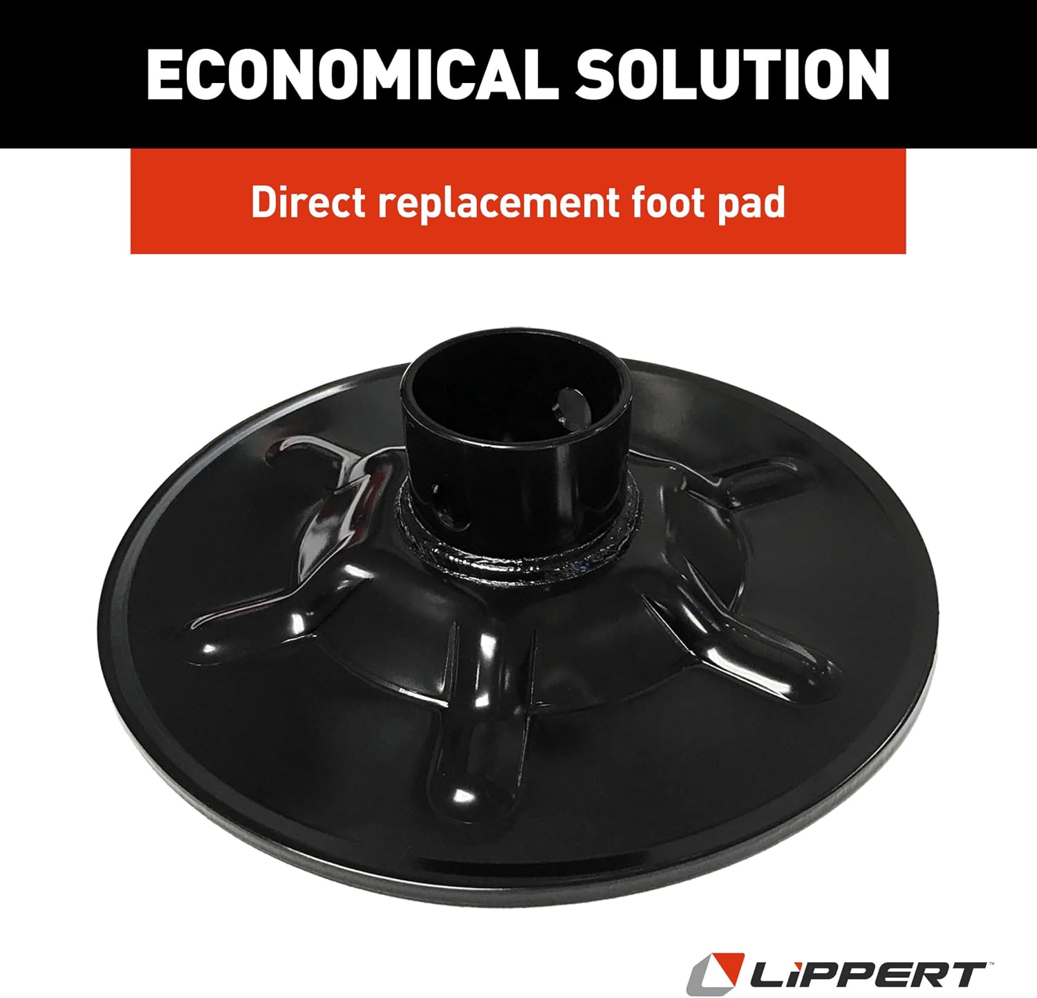 Lippert Components Hall Effect Ground Control 3.0 Replacement Rear Jack Foot Pad, 9" Diameter, Fits 2" I.D. Tube, Strong Black Powder-Coated Steel Construction, Easy Installation - 377962