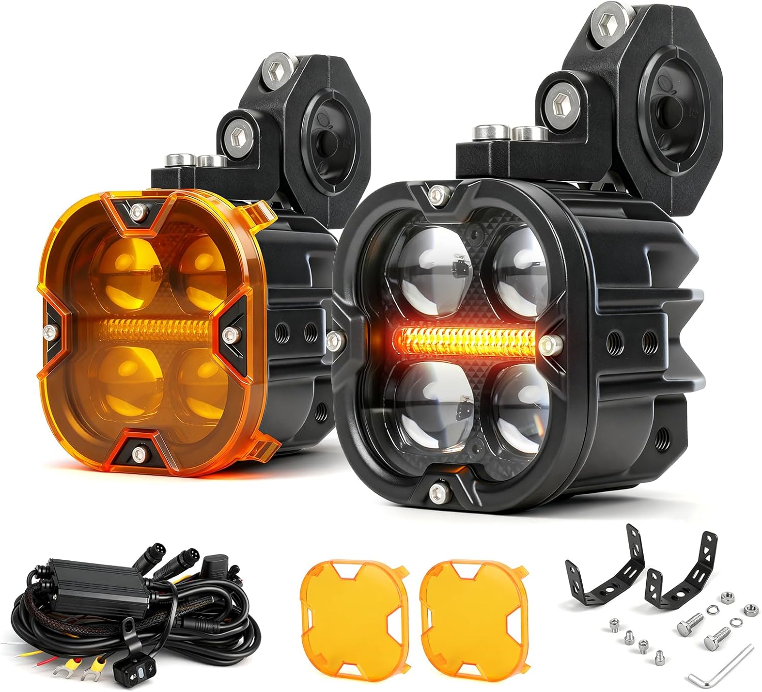 BraveWAY 3 Inch Motorcycle Driving Lights 120W LED Fog Lights with DRL 4 Strobe Modes Amber & White Beams LED Auxiliary Spotlights with Mount Brackets Wire Harness for Motorcycle ATV Night Riding UTV