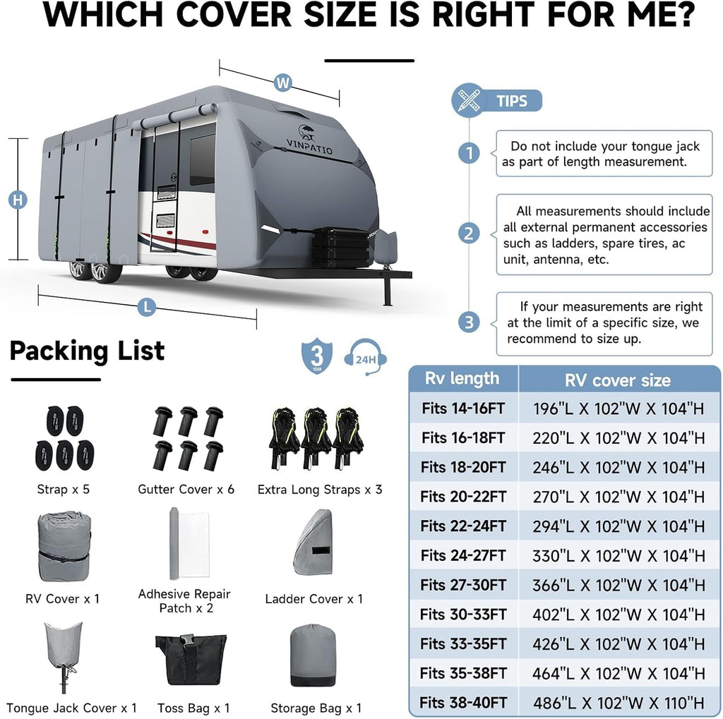 VINPATIO RV Cover 20-22ft: 7 Layers Heavy Duty RV & Trailer Cover, Travel Trailer Cover, Camper Cover, Toy Hauler Cover with Extra Windproof Straps, Tongue Jack Cover, Gutter Covers