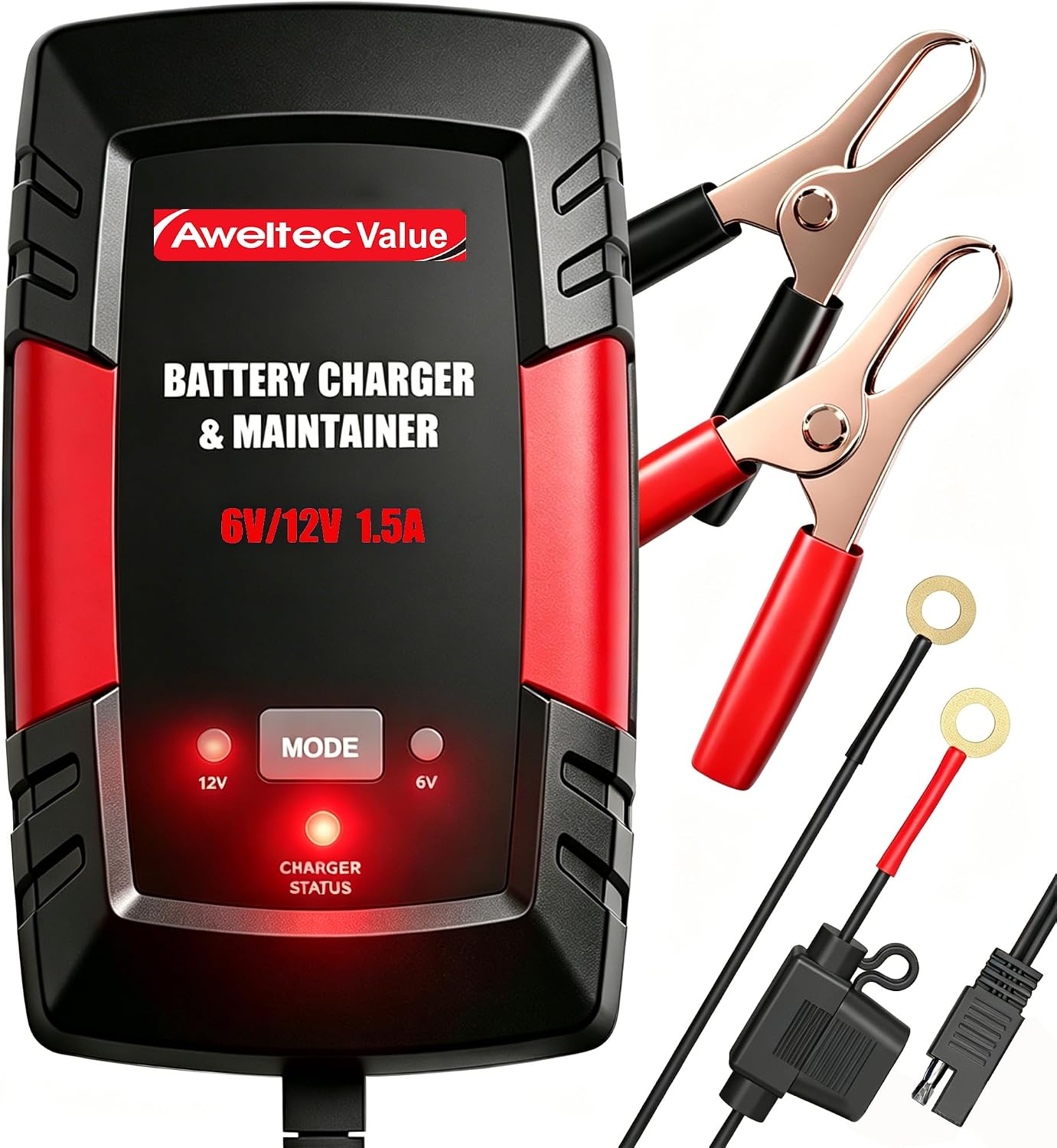 Smart Car Battery Charger,1.5A 6V/12V Maintainer,Automatic Tender Trickle Charger with Memory Function,LED Light,12FT Cables for Vehicle Lead-Acid & Lithium Batteries (Red)