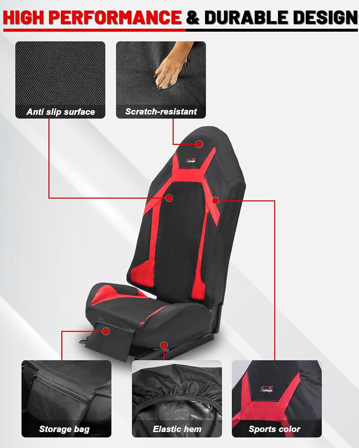 StarknightMT RZR Seat Cover with Pocket Water-Resistant Compatible with Polaris RZR (2014-2023 XP 1000/4, 2018-2022 RS1, 2017-2021 RZRXP Turbo/4), 1680D Cushion Protection, 2-4 Seater, Black & Red