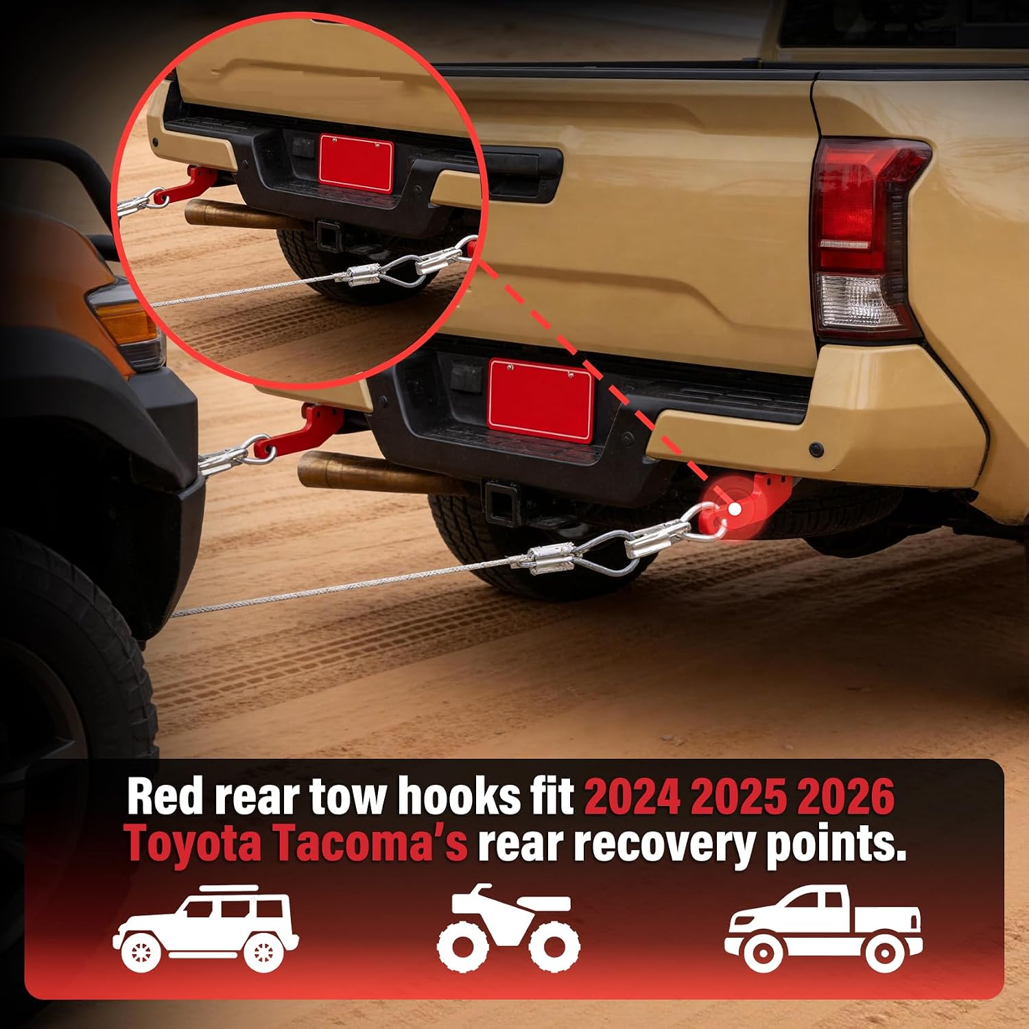 Rear Tow Hooks Kit, Rear Recovery Points for 2024 2025 2026 Toyota Tacoma, Heavy Duty Carbon Steel Rear Towing Hooks for Off-Road Recovery & Emergency Rescue, Universal Left & Right Fit, 2PC