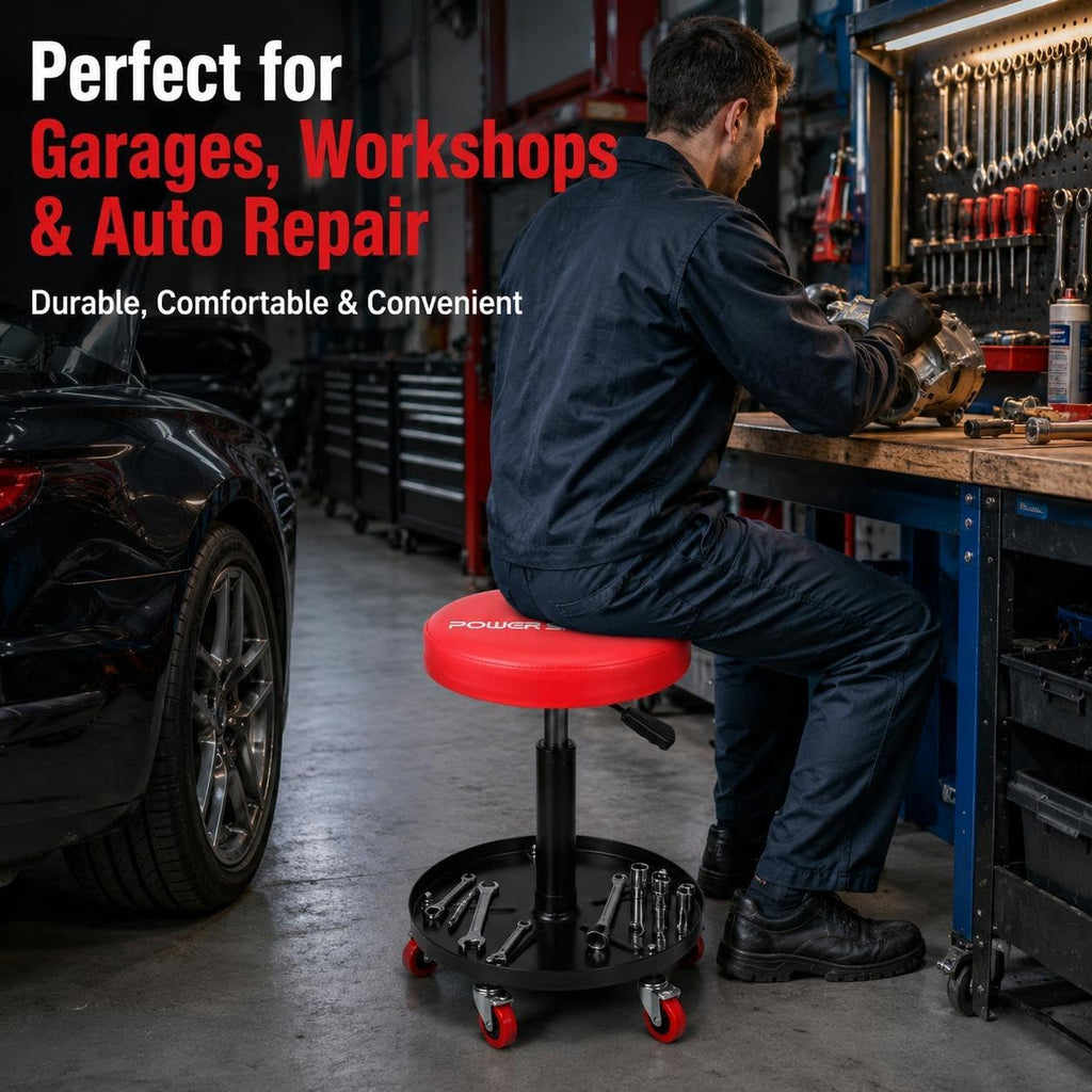 PowerSmart 330 lbs Capacity Pneumatic Roller Seat with Wheels, Adjustable Rolling Mechanic Stool with Tool Tray, Hydraulic Garage Shop Stool, Swivel Creeper Seat for Automotive Repair