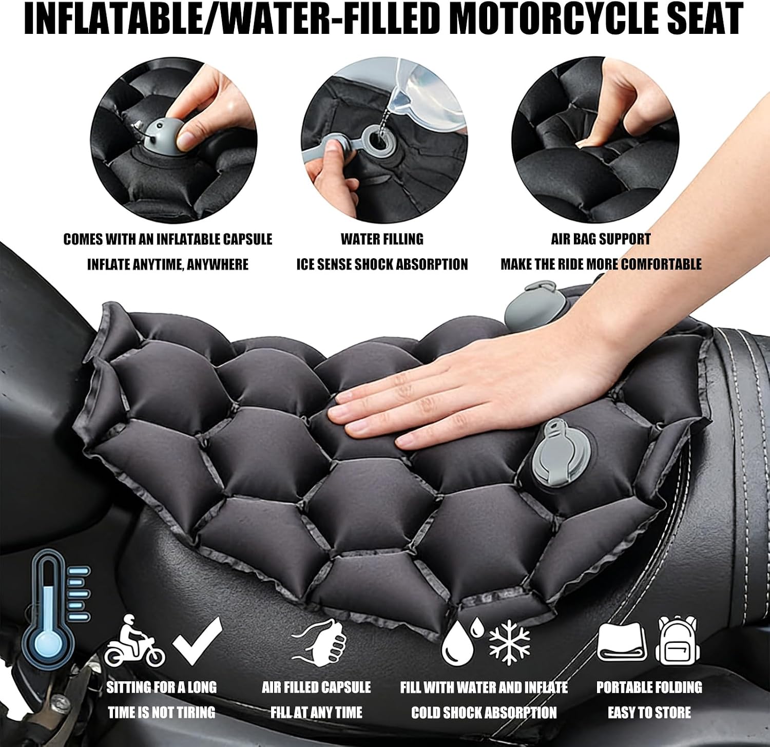 Motorcycle Air Cushions Seat Pad with TPU and Fabric Inflatable Seat Cover for Shock Absorption & Cooling Comfort