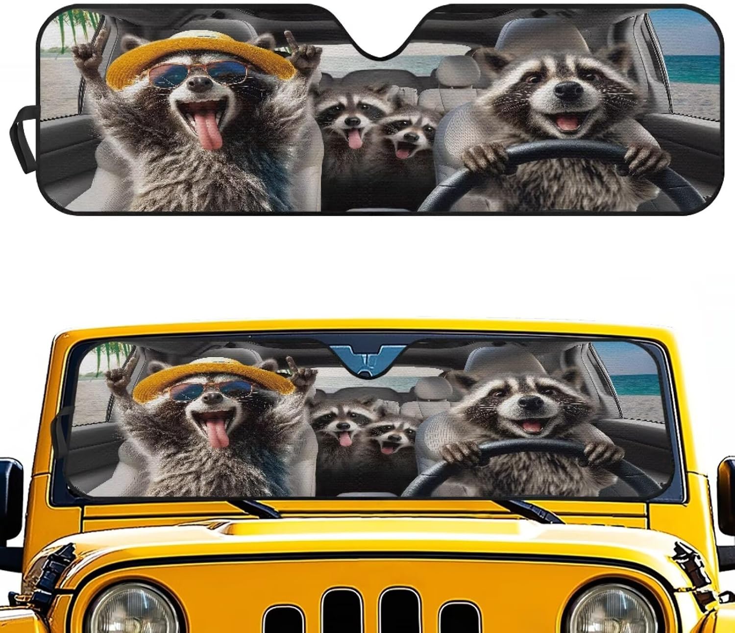 Raccoon Windshield Sun Shade for Jeep Wrangler JL JLU & Jeep Gladiator, Funny Driving Front Window Sun Visor Blocks UV Rays Sunshade