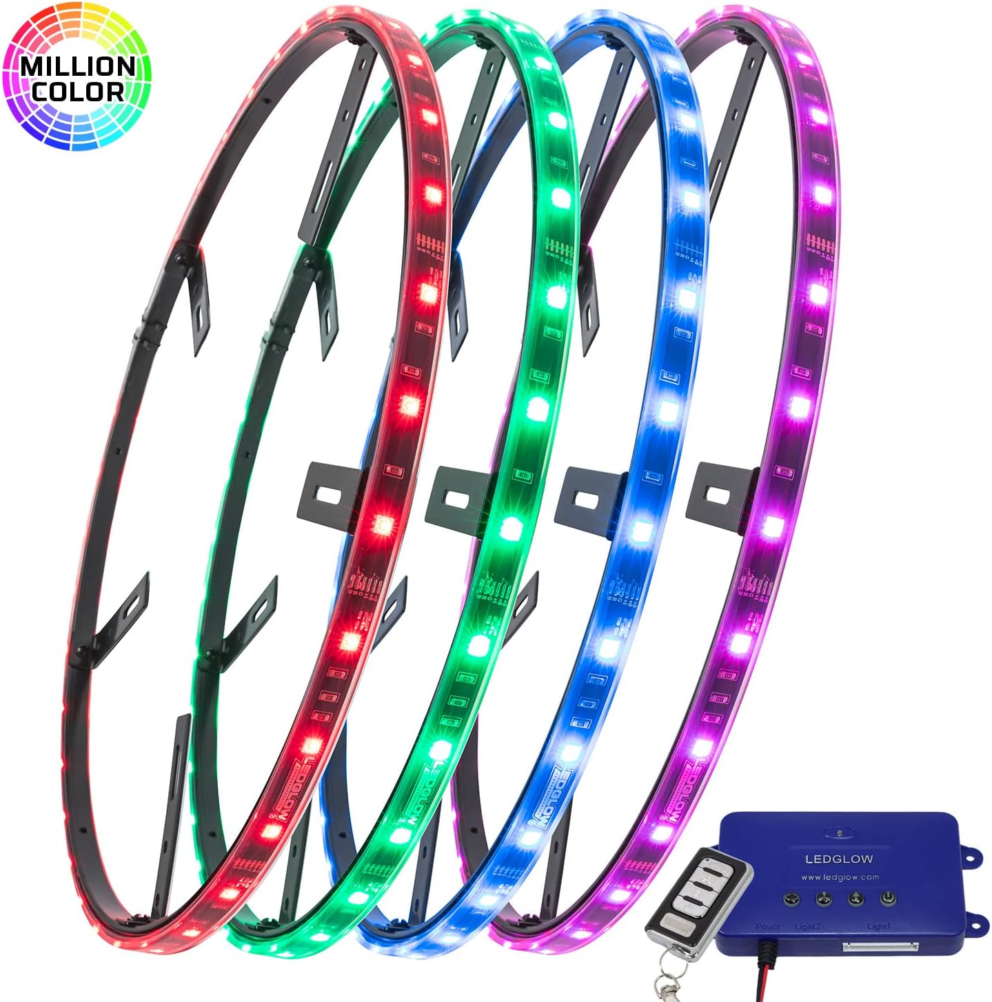 LEDGlow 4pc 15.5" Million Color LED Wheel Ring Accent Lighting Kit- Fits Wheels with 15" Brakes - Heavy-Duty & Versatile Design - Waterproof Light Strip - Includes Control Box & Wireless Remote