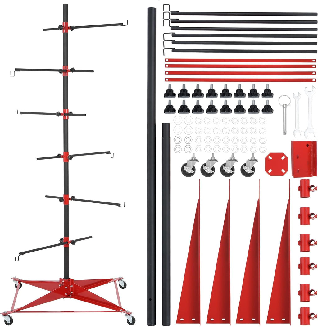 71 Inch Panel Tree Paint Stand with 6 Hook Levers, Automotive Paint Stand with Adjustable Center Post and 4 Casters, Hang Automotive Panels, Doors, Fenders, Bumpers, Car Parts, Auto Body Paint Stand