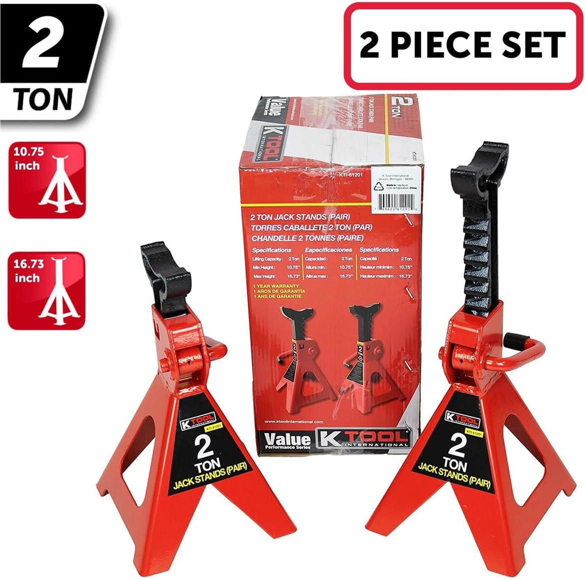 K Tool International 61201 2 Ton Automotive Jack Stands for Garages, Repair Shops, and DIY, Lightweight, 4,000 lbs. Capacity, Heavy Duty Steel Frame, Adjustable Height 10.75"-16.73", Red/Black, Pair