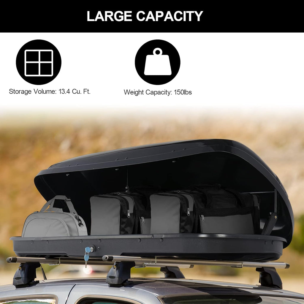 TUFFIOM 13.4 cu.ft. Rooftop Cargo Box w/Keys, Hard Shell Waterproof Travel Roof Storage Cargo Carrier Luggage Rack, 61" L x 27.6" W x 13.8" H, Dual-Side Opening, for SUV Car Van w/Cross Bars, Black