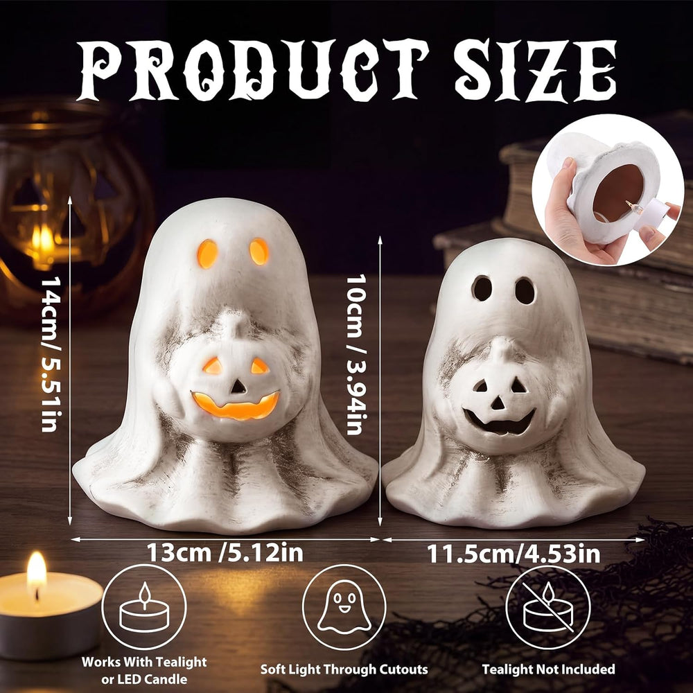 Tioncy 2 Pcs Halloween Terracotta Ghost Tealight Holder, White, Retro