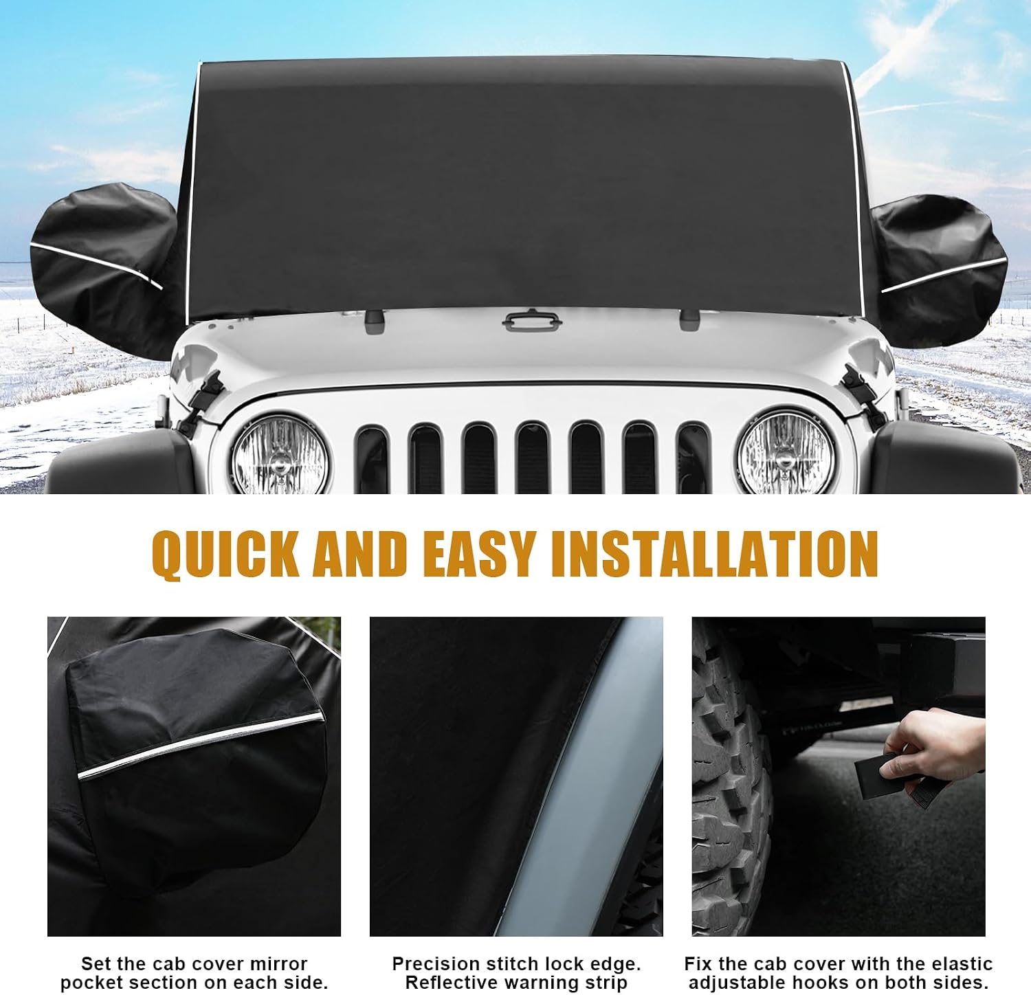 MAIKER OFF ROAD 600D Cab Cover Windproof Sunshade Cover Compatible with Jeep Wrangler JK JL 2-Door 2007-2024, 6-Layer Protection Frost Wiper & Mirror Covers Protect from Sunshine, UV, Snow, Rain