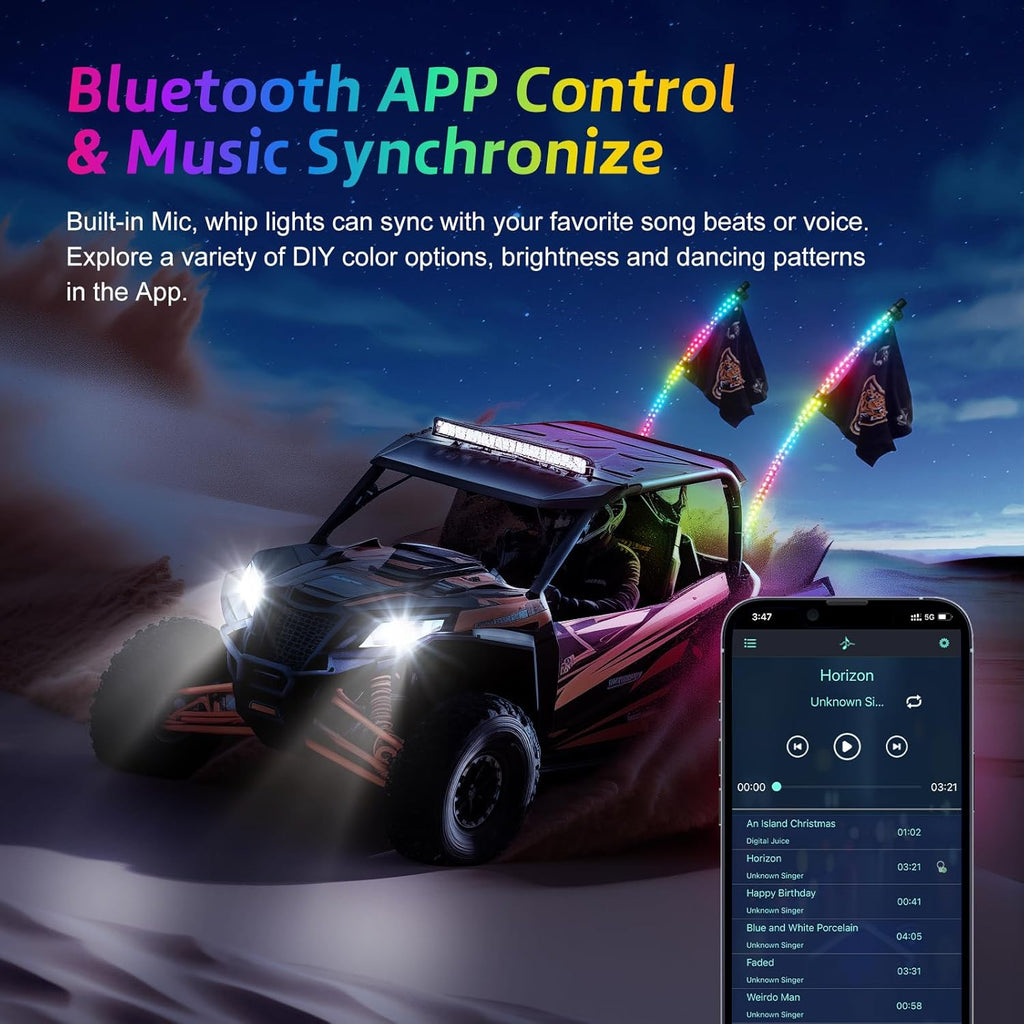 Ehaho 2 Pack 3FT Whip Lights with Spring Base,LED Whip Light with App & Remote Control, Spiral RGB Chasing Lighted Whips with Rocker Switch, Music Whip Light for UTV ATV Polaris RZR Can-Am SXS Truck