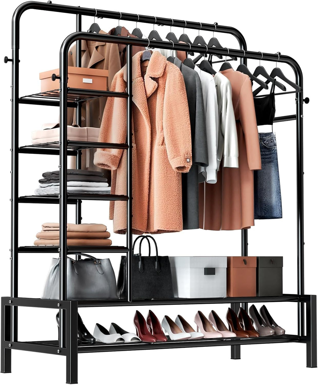 clothes rack with shelves, double rods clothing rack, main product view