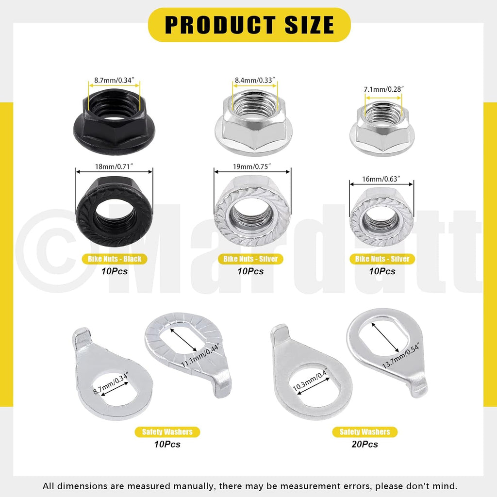 60Pcs M8 M9.5 M10 Bicycle Wheel Axle Nuts and Washer Assortment Kit Including Bike Hub Hex Flange Nuts, Front and Rear Wheel Hub Safety Washers Retaining Clips for Road Mountain Bike