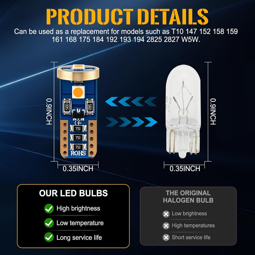iBrightstar Extremely Bright Wedge T10 168 194 LED Bulbs for Car Interior Dome Map Door Courtesy License Plate Lights, Amber