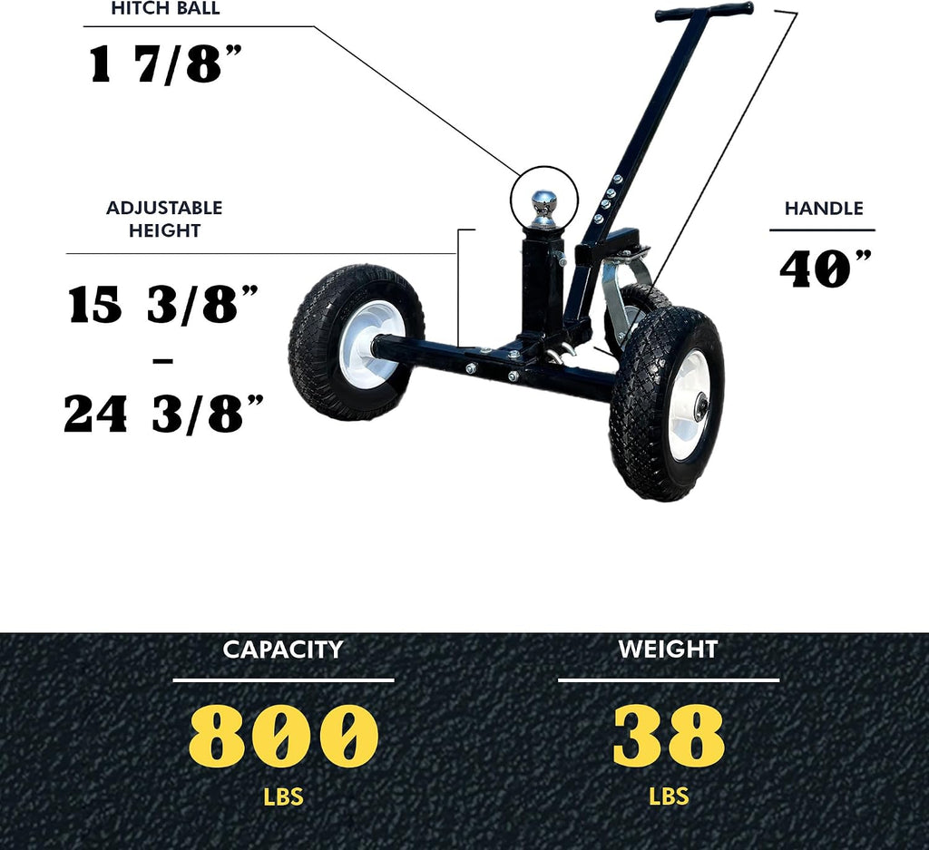 Tow Tuff Trailer Dolly w/ 12" Flat-Free Tires & 8" Swivel Caster Wheel, Fits 1 7/8” Coupler, 800 lb Capacity, Black - Adjustable and Portable Trailer Mover for Campers, Boats, and Utility Trailers