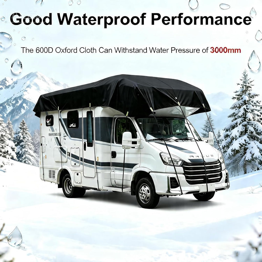 600D Heavy-Duty Wide Width RV Roof Cover — Featuring Reflective Strips,Camper roof Cover, Waterproof UV Resistant, Travel Trailers, Class C/B/A Motorhomes, Popup & Truck Campers,RVs, Black 8.5m*3.3m