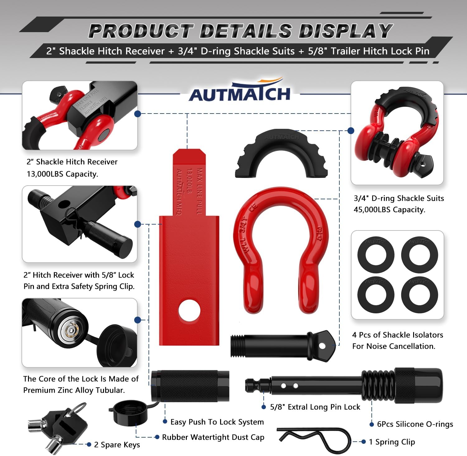 AUTMATCH Shackle Hitch Receiver 2 Inch - 3/4" D Ring Shackle and 5/8" Trailer Hitch Lock Pin, 45,000 Lbs Break Strength Heavy Duty Receiver Towing Kit for Off-Road Vehicle Recovery, Red
