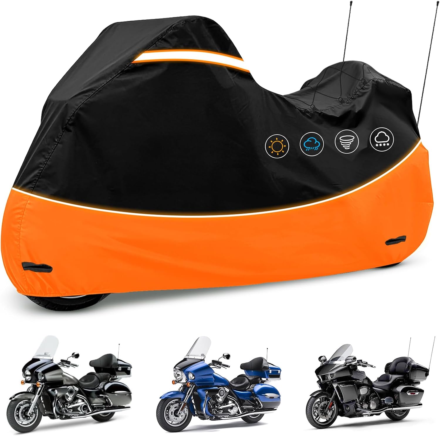 Heavy Duty 420D Oxford Motorcycle Cover | Waterproof Outdoor Touring Cover Compatible with Harley Davidson Road King,Street Glide, Road Glide, Ultra Limited, CVO,Fits Motorcycles Up to 110"